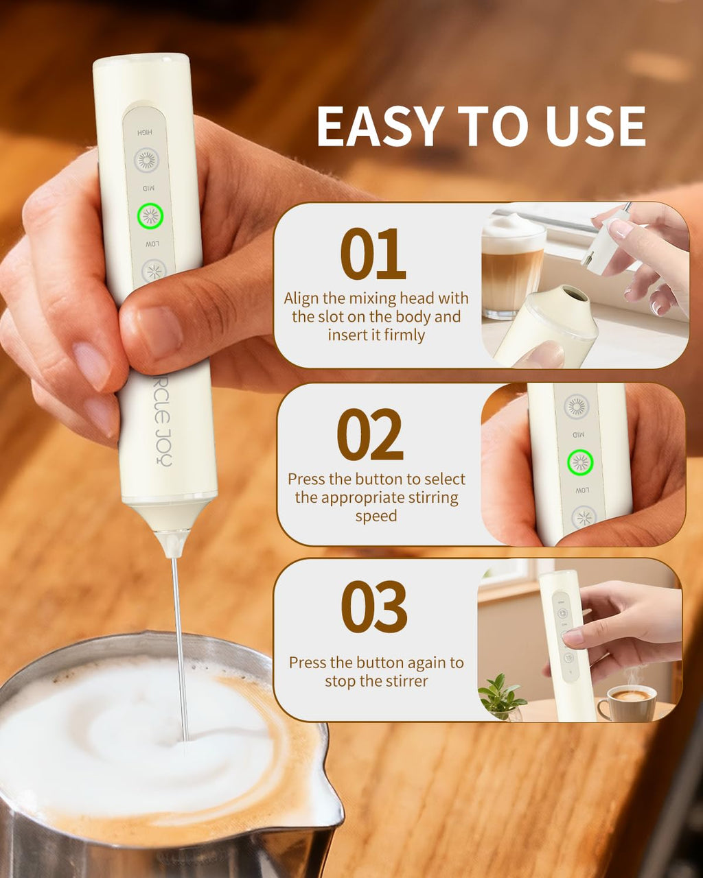 CIRCLE JOY Rechargeable Handheld Milk Frother Wand with 3 Variable Speeds, 3 Whisks and Storage Box, Electric Drink Mixer for Latte, Cappuccino, Hot Chocolate, Eggs and Protein Powder, Black