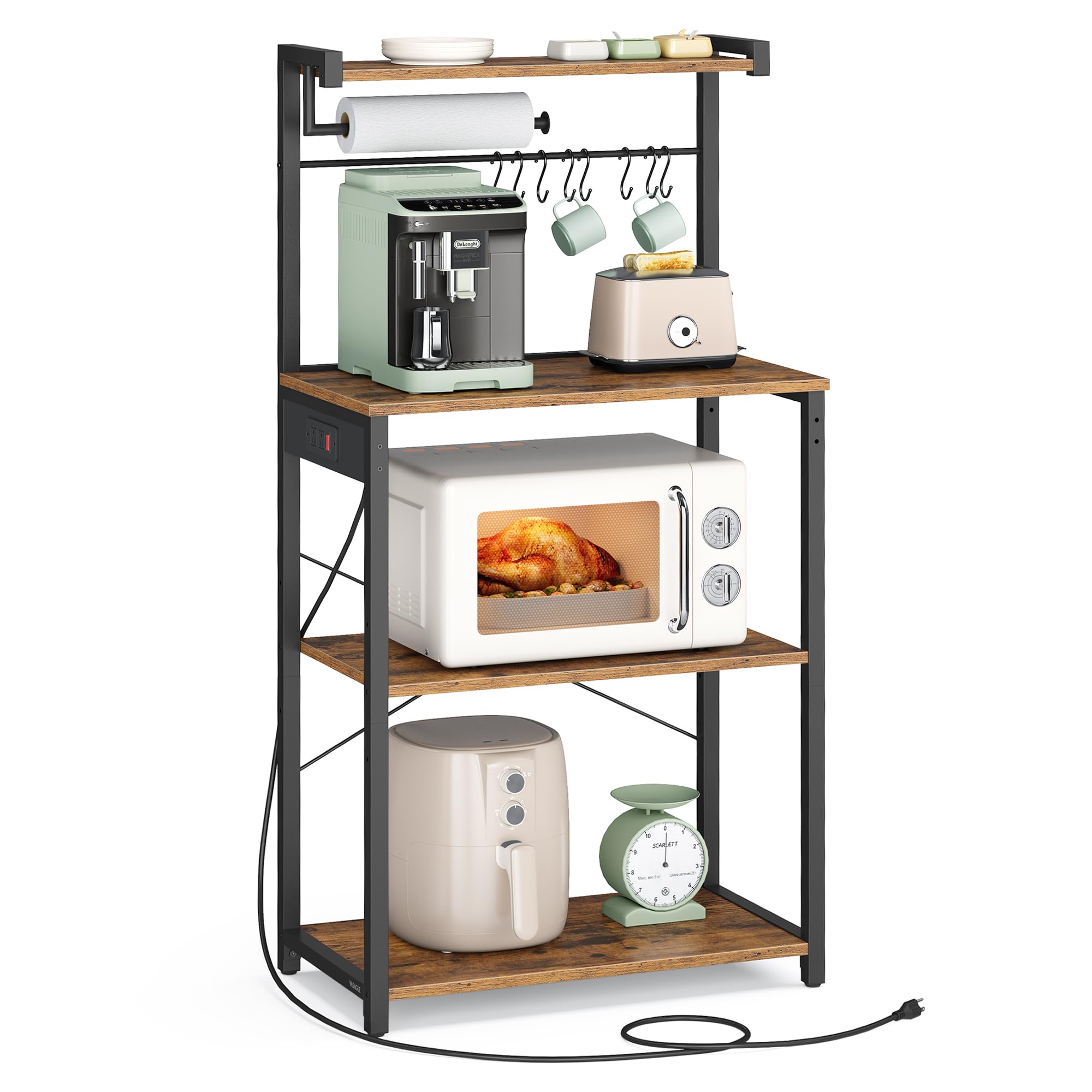 VASAGLE BARNET Collection - Kitchen Bakers Rack with Power Outlet, 31.5-Inch Wide Coffee Bar 4-Tier with 8 S Hooks, Modern Microwave Stand, Adjustable Shelf, Rustic Brown and Ink Black UKKS029KD01
