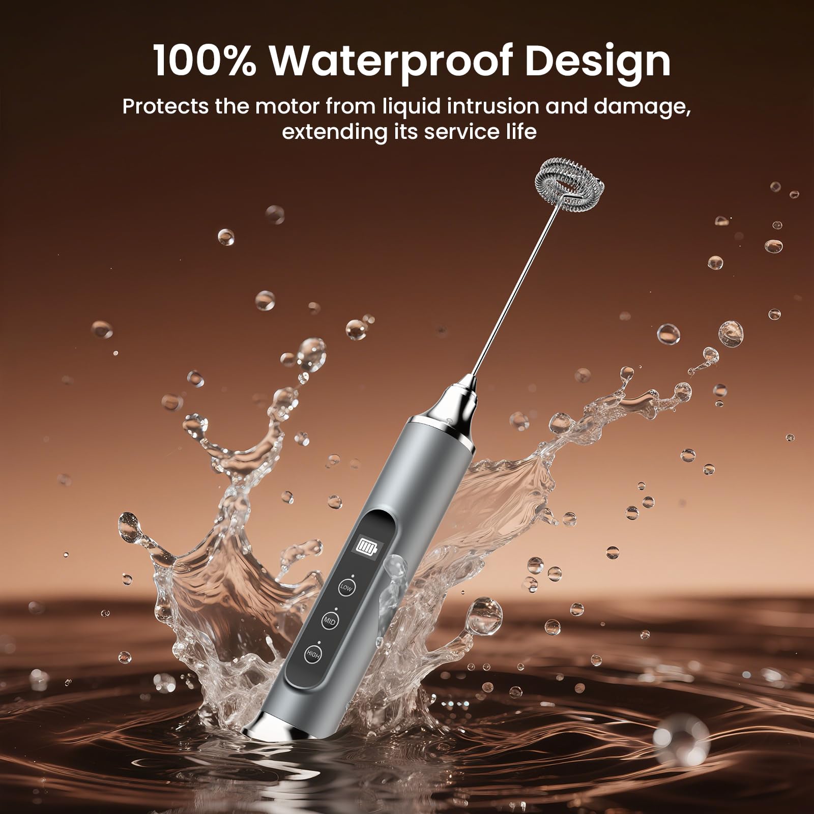 YUSWKO Milk Frother Wand for Coffee, Handheld Coffee Frother, Rechargeable Drink Mixer, Waterproof Electric Whisk, Black