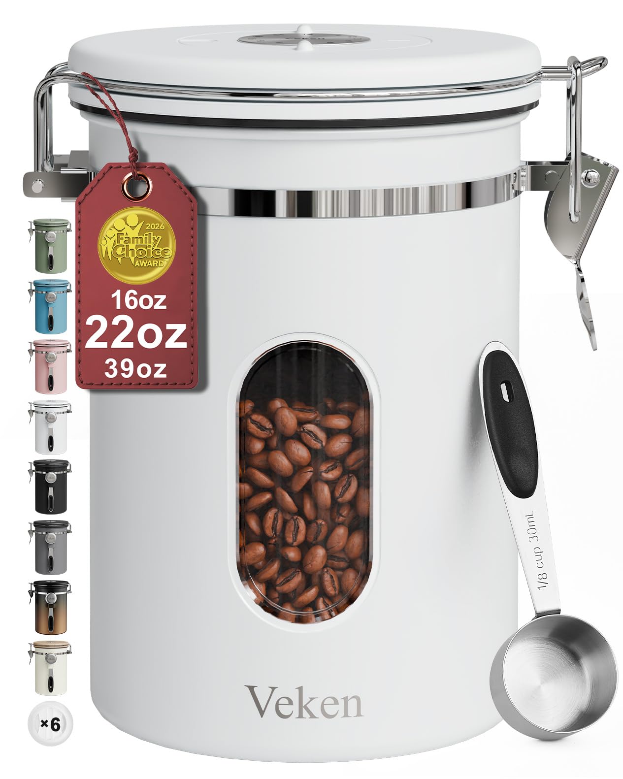 Veken Coffee Canister with Window,Airtight Stainless Steel Pantry Container,Kitchen Food Storage Organizers for Beans,Ground,Espresso,Rice,Tea,Sugar, Cereal, Bar Accessories,Gifts,Lids,Jars,22OZ,Black
