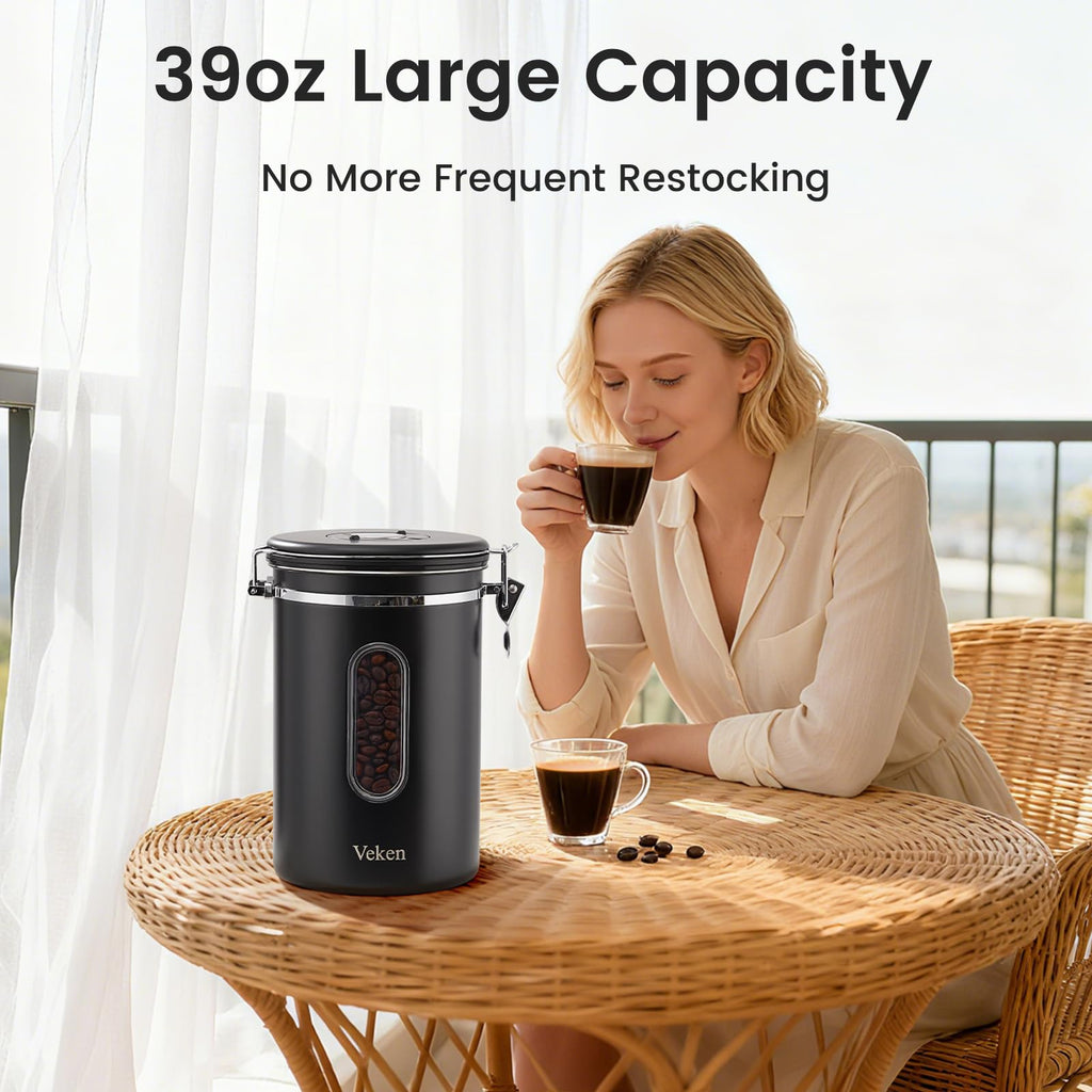 Veken Coffee Canister with Window,Airtight Stainless Steel Pantry Container,Home Kitchen Food Storage Organizers for Ground,Beans,Espresso,Rice,Tea,Sugar,Cereal, Decor,Bar Accessories,Gifts,22OZ,Black