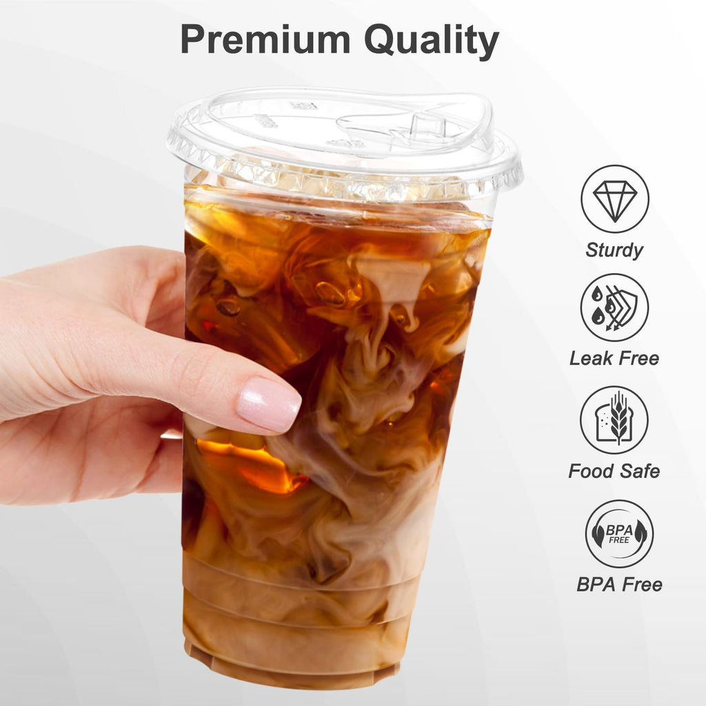 Dealusy 100 Pack - 20 oz Clear Plastic Cups with Lids, Sturdy & Food Safe Iced Coffee Cups with lids, Disposable Plastic Smoothie Cups for Cold Drinks, Sip Lids