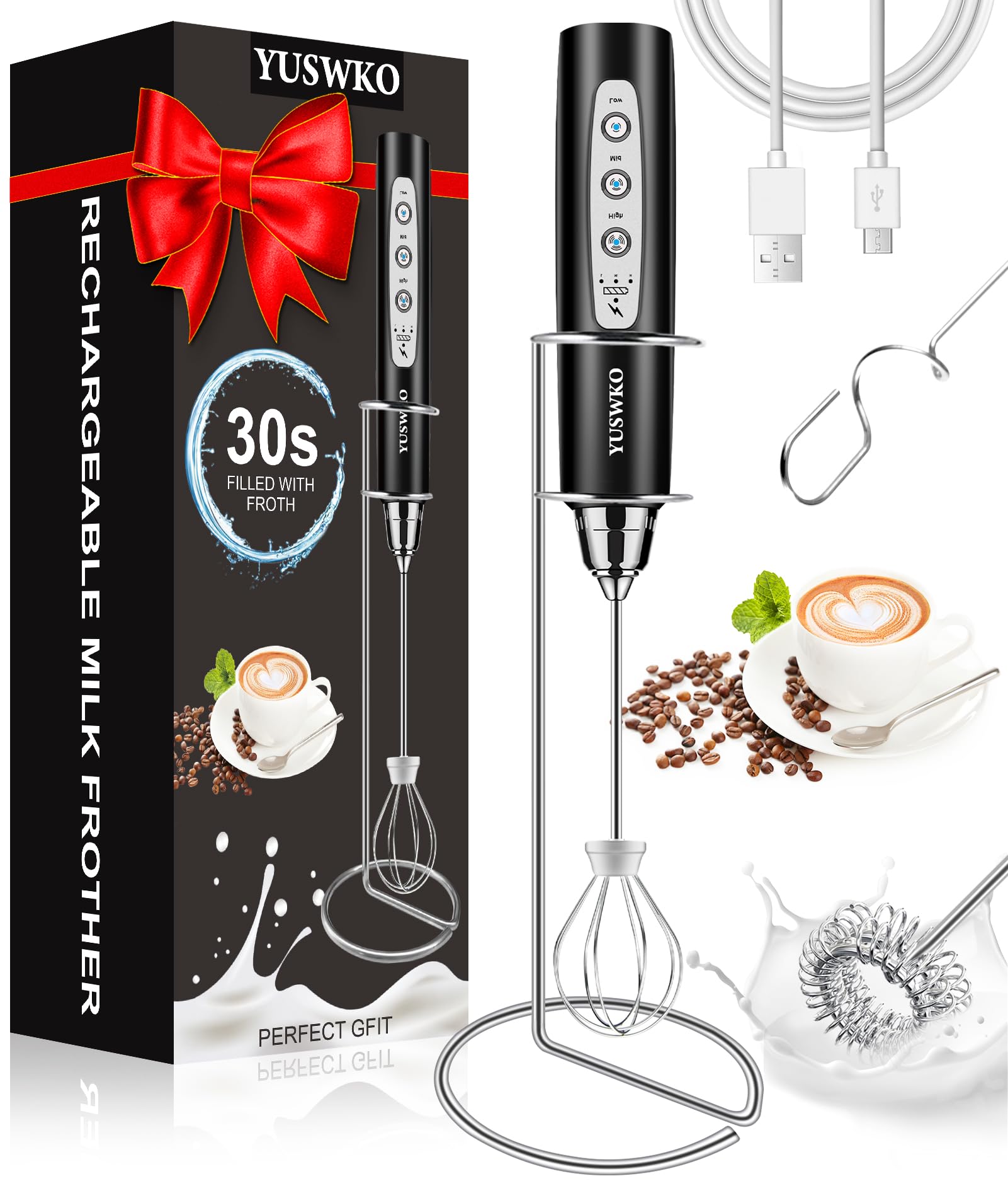 YUSWKO Black Handheld Milk Frother Wand for Coffee, Rechargeable Electric Whisk with 3 Heads 3 Speeds Drink Mixer Coffee Frother For Latte, Cappuccino, Hot Chocolate, Egg