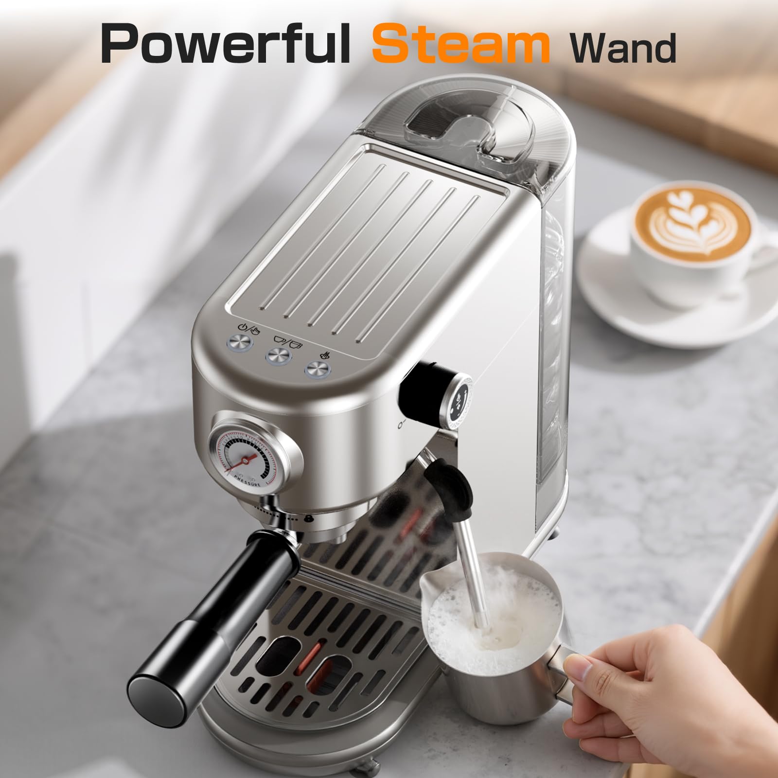 atatix Espresso Machine with Milk Frother, 20 Bar Pressure Espresso Maker, with 44OZ Removable Tank, Compact Stainless Steel Coffee Machine for Home, Office, Latte, Cappuccino, Macchiato, Silver