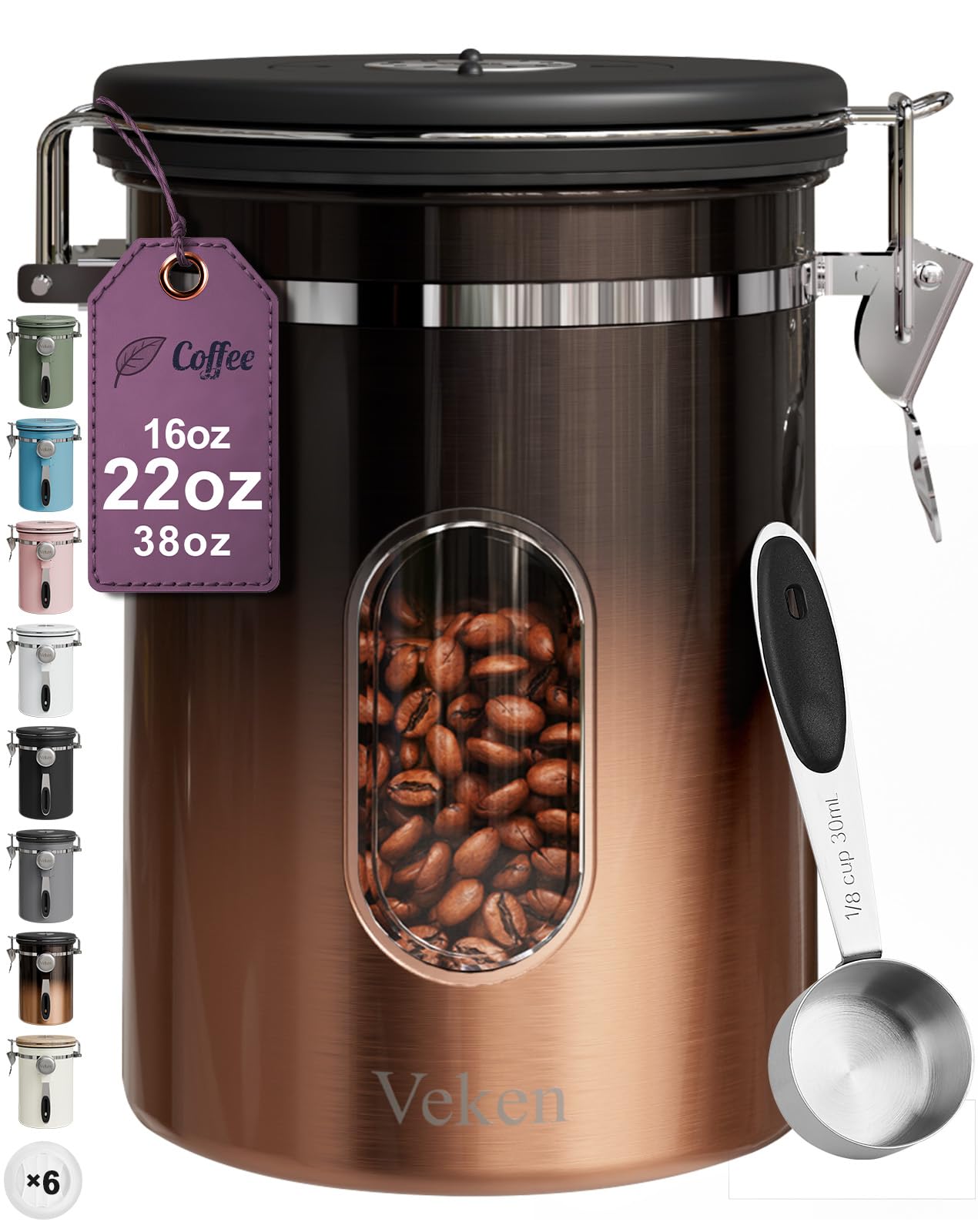 Veken Coffee Canister with Window,Airtight Stainless Steel Pantry Container,Home Kitchen Food Storage Organizers for Ground,Beans,Espresso,Rice,Tea,Sugar,Cereal, Decor,Bar Accessories,Gifts,22OZ,Black