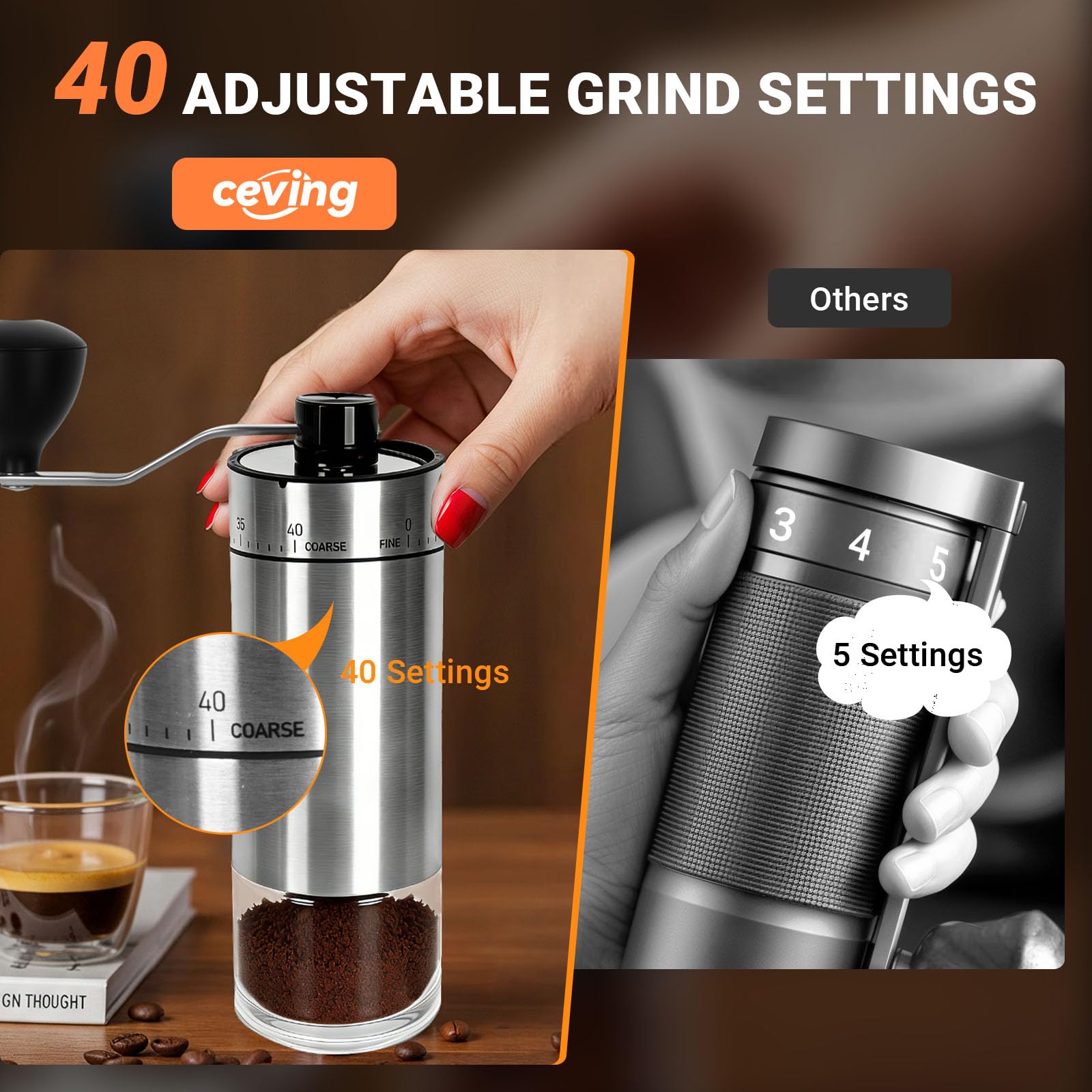 Mini Manual Coffee Grinder with 40 Adjustable Settings, Portable Hand Coffee Bean Mill with 30g Capacity, Conical Burr Coffee Grinder with Crank for Travel, Camping, Office, Espresso, Pour Over, etc