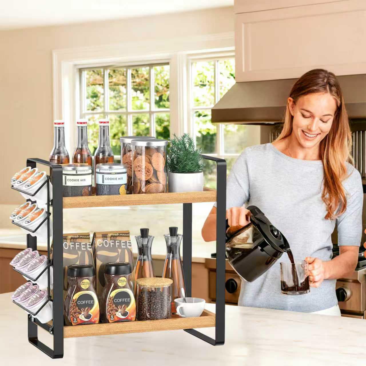 LEMIKKLE Coffee Station Organizer with Pod Holder and Drawer, Kitchen Countertop Organizer, Coffee Bar Accessories Station with Coffee Pod Storage, 2-Tier Wood Coffee Organizer With 6 Hooks