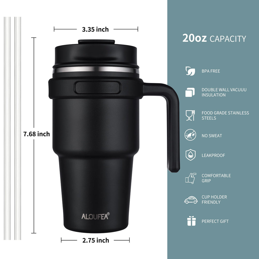 20 oz Insulated Coffee Mug Tumbler with Handle, Stainless Steel Travel Mug Tumbler with Lid and Straw,Double Wall Vacuum Leak Proof Ice Coffee Thermal Cup, Black