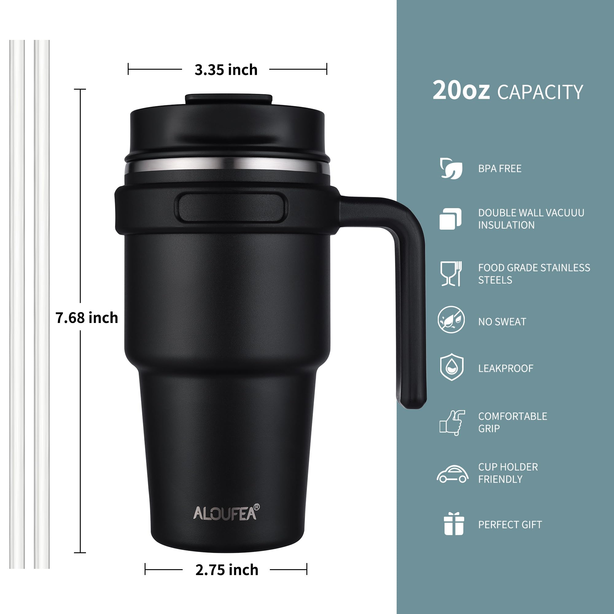 20 oz Insulated Coffee Mug Tumbler with Handle, Stainless Steel Travel Mug Tumbler with Lid and Straw,Double Wall Vacuum Leak Proof Ice Coffee Thermal Cup, Black