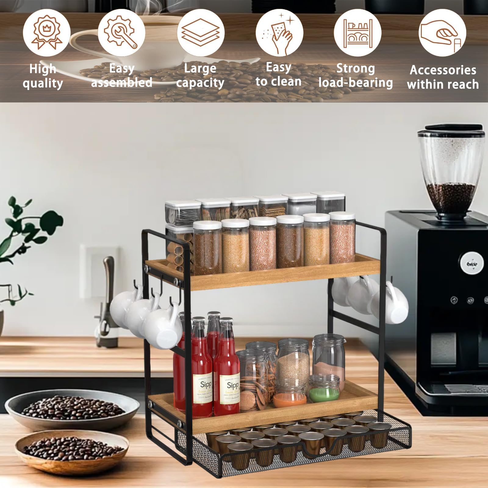 LEMIKKLE Coffee Station Organizer with Pod Holder and Drawer, Kitchen Countertop Organizer, Coffee Bar Accessories Station with Coffee Pod Storage, 2-Tier Wood Coffee Organizer With 6 Hooks