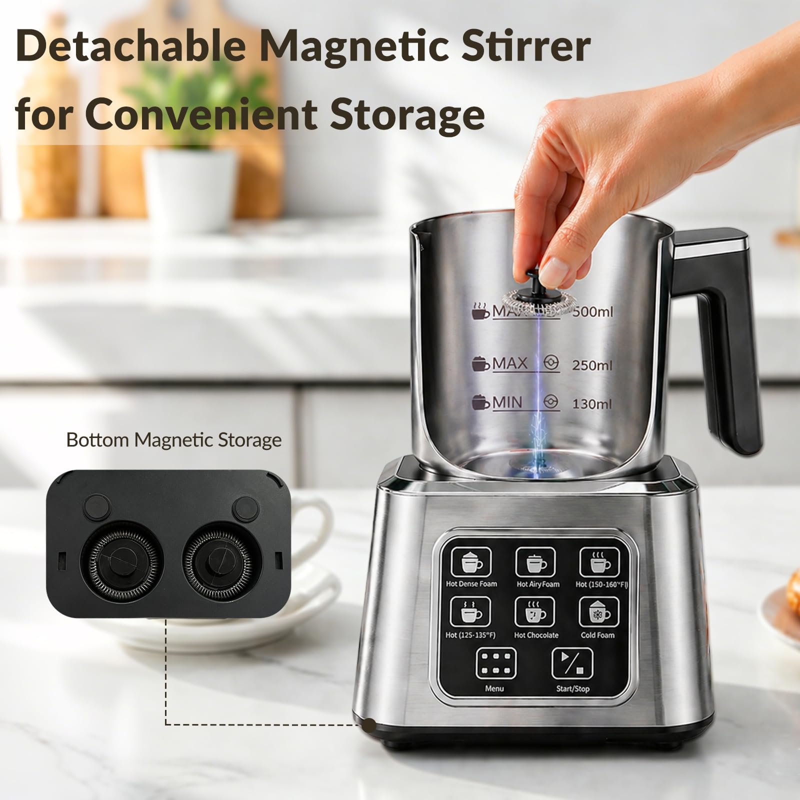 Electric Milk Frother and Steamer, 6-in-1 Automatic Milk Frother Machine with 500ml Milk Warmer, Hot & Cold Froth for Coffee, Latte & Hot Chocolate, Stainless Steel