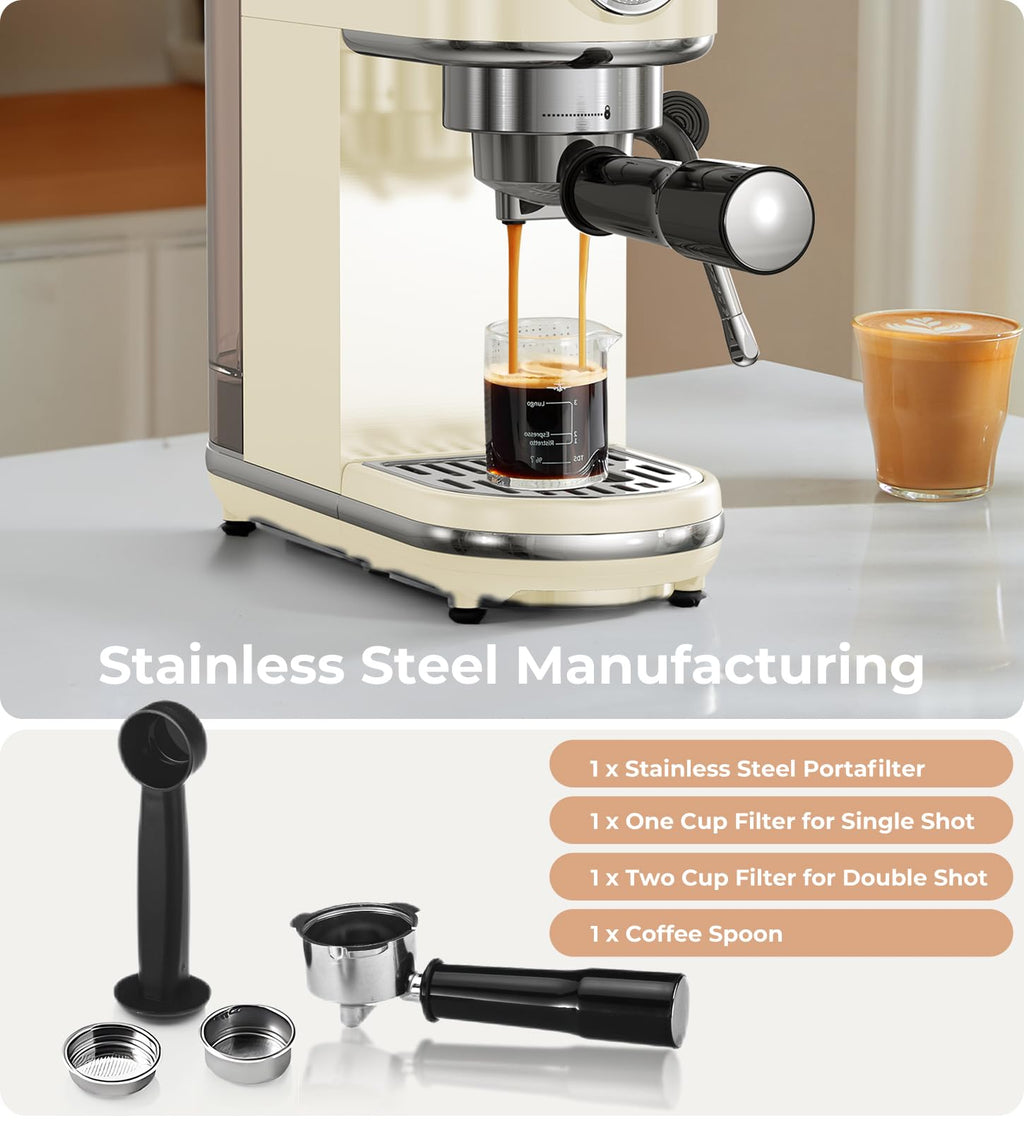 atatix Espresso Machine with Milk Frother, 20 Bar Pressure Espresso Maker, with 44OZ Removable Tank, Compact Stainless Steel Coffee Machine for Home, Office, Latte, Cappuccino, Macchiato, Silver
