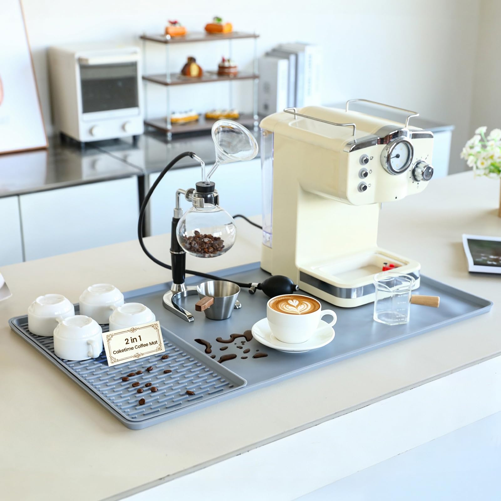 Caketime 2 In 1 Silicone Coffee Bar Mat Accessories Detachable Dish Drying Rug Rack Stone for Kitchen Counter Home Household Apartment Office Essentials Barista Espresso Machine Drainer Must Have