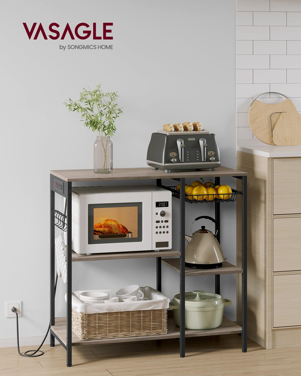 VASAGLE Baker's Rack, Coffee Bar Stand with Charging Station, 35.6 Inches Tall, Storage Shelves, Pull-Out Wire Basket, Table for Microwave, Kitchen, Rustic Brown and Ink Black UKKS036K01