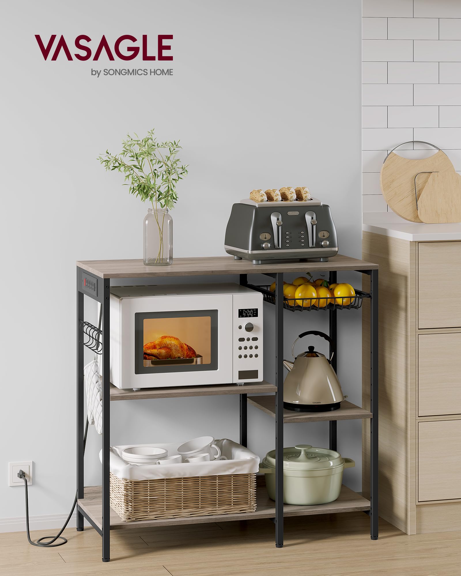 VASAGLE Baker's Rack, Coffee Bar Stand with Charging Station, 35.6 Inches Tall, Storage Shelves, Pull-Out Wire Basket, Table for Microwave, Kitchen, Rustic Brown and Ink Black UKKS036K01