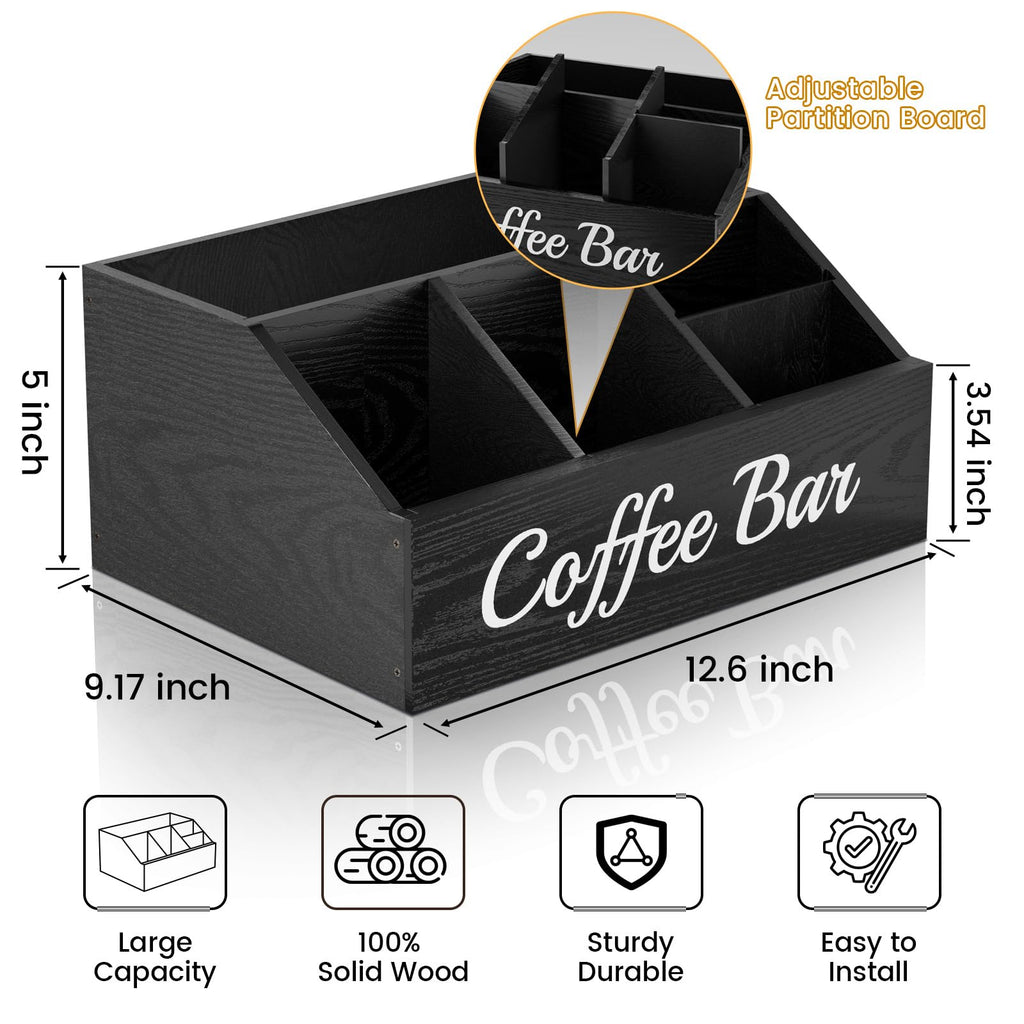 Coffee Station Organizer for Countertop – Wooden Coffee Bar Organizer with Adjustable Dividers,Holds K Cup Pod & syrup bottles, for Kitchen, Office, or Bar and Tea Station, Black