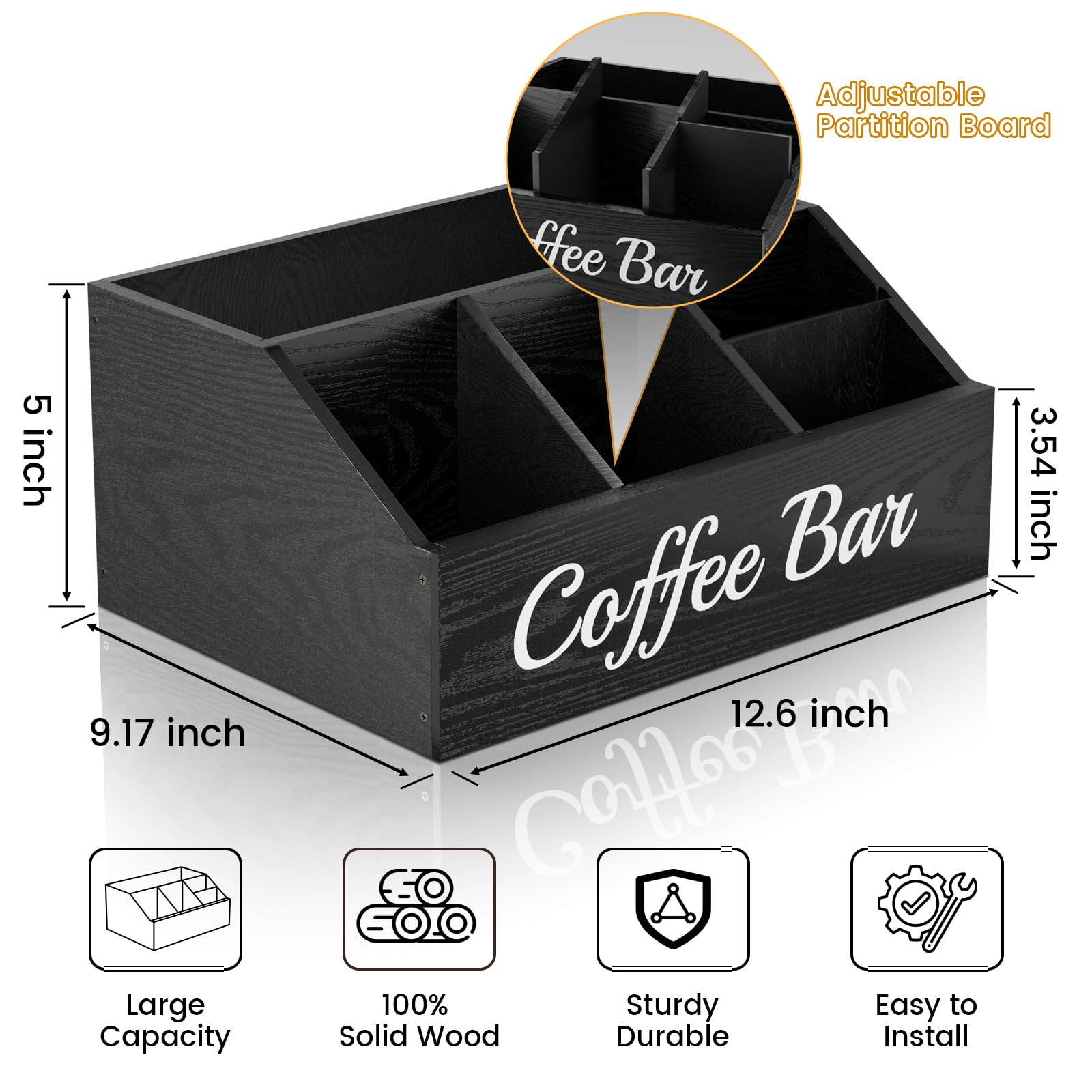 Coffee Station Organizer for Countertop – Wooden Coffee Bar Organizer with Adjustable Dividers,Holds K Cup Pod & syrup bottles, for Kitchen, Office, or Bar and Tea Station, Black