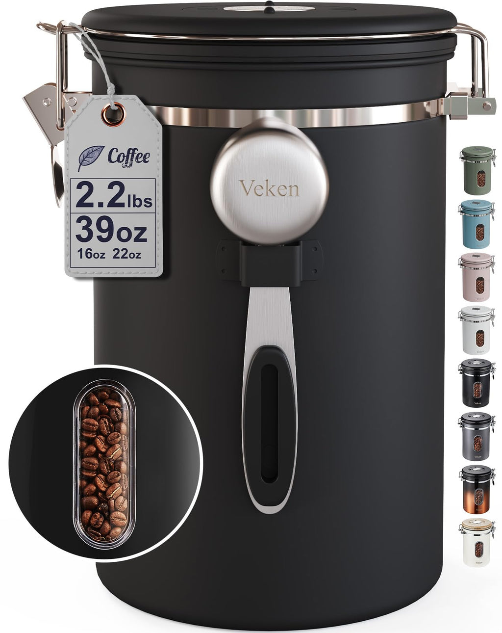 Veken Coffee Canister with Window,Airtight Stainless Steel Pantry Container,Home Kitchen Food Storage Organizers for Ground,Beans,Espresso,Rice,Tea,Sugar,Cereal, Decor,Bar Accessories,Gifts,22OZ,Black