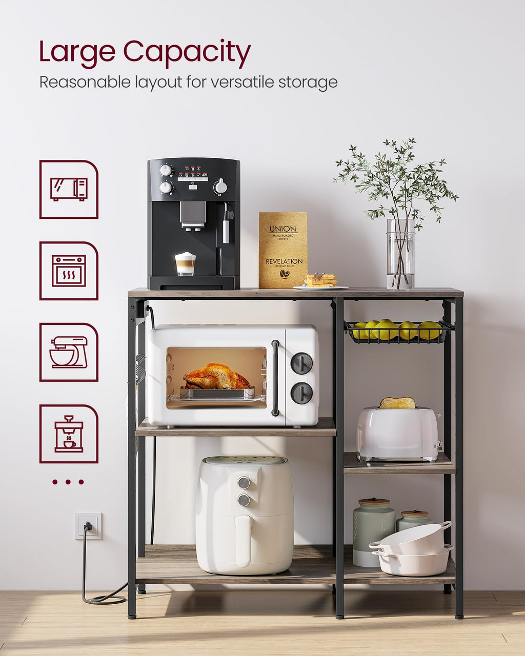 VASAGLE Baker's Rack, Coffee Bar Stand with Charging Station, 35.6 Inches Tall, Storage Shelves, Pull-Out Wire Basket, Table for Microwave, Kitchen, Rustic Brown and Ink Black UKKS036K01