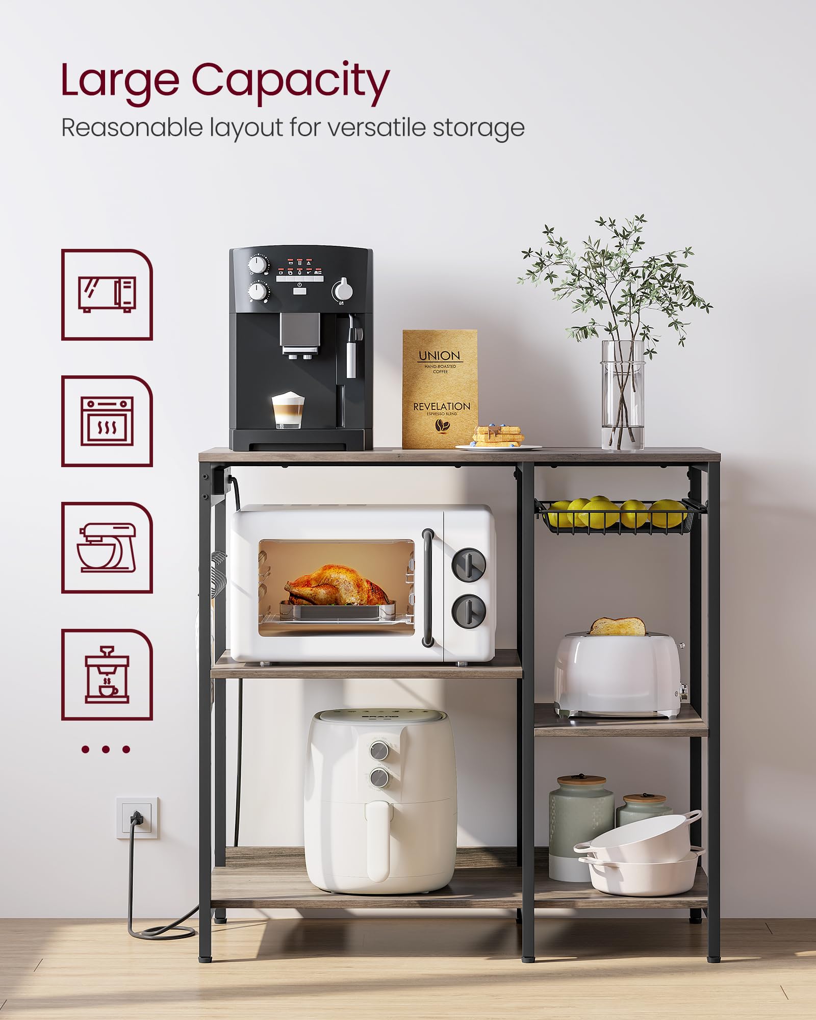 VASAGLE Baker's Rack, Coffee Bar Stand with Charging Station, 35.6 Inches Tall, Storage Shelves, Pull-Out Wire Basket, Table for Microwave, Kitchen, Rustic Brown and Ink Black UKKS036K01