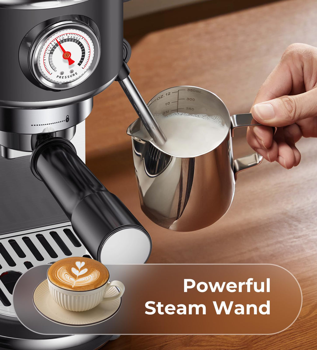 atatix Espresso Machine with Milk Frother, 20 Bar Pressure Espresso Maker, with 44OZ Removable Tank, Compact Stainless Steel Coffee Machine for Home, Office, Latte, Cappuccino, Macchiato, Silver