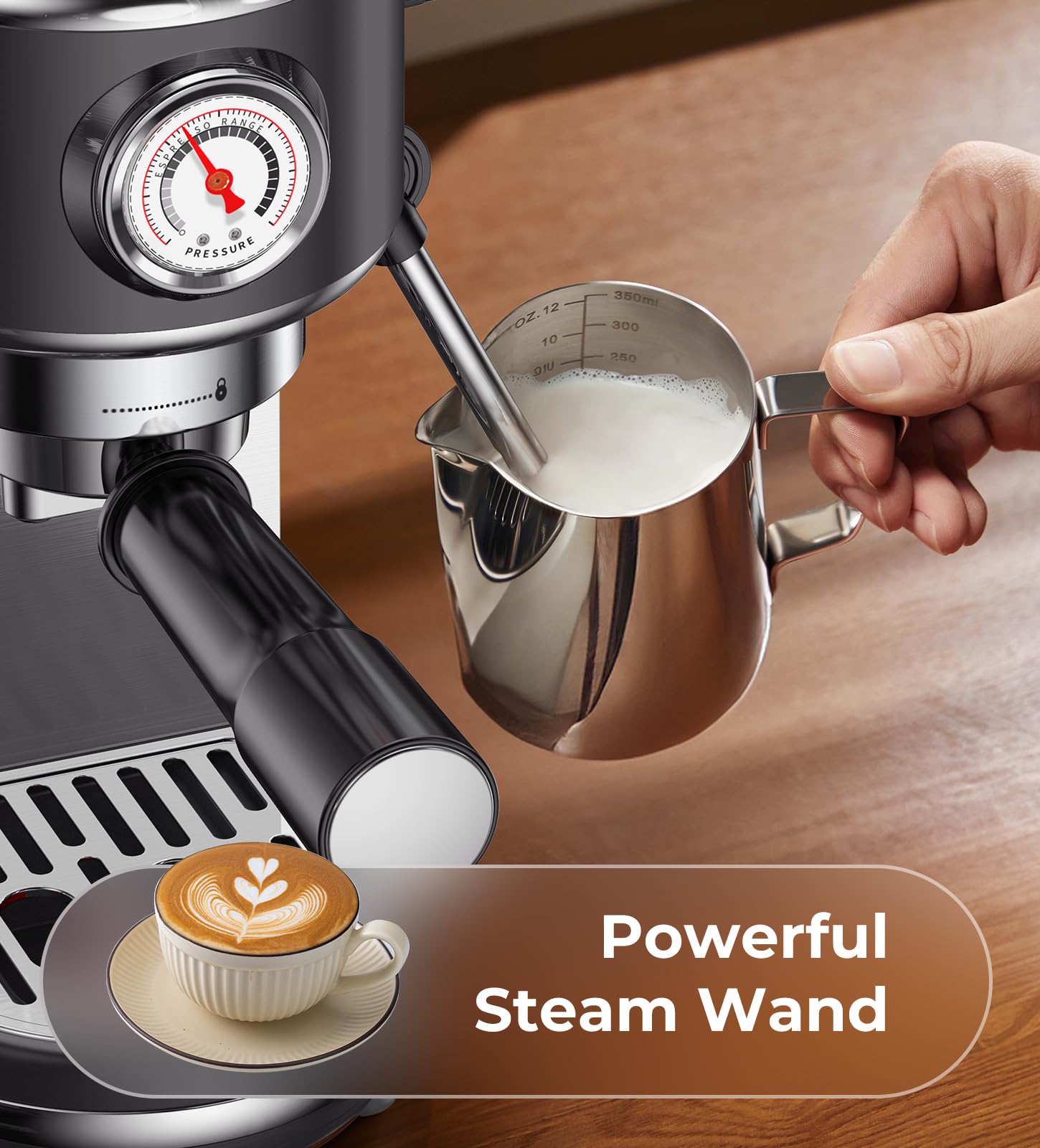 atatix Espresso Machine with Milk Frother, 20 Bar Pressure Espresso Maker, with 44OZ Removable Tank, Compact Stainless Steel Coffee Machine for Home, Office, Latte, Cappuccino, Macchiato, Silver