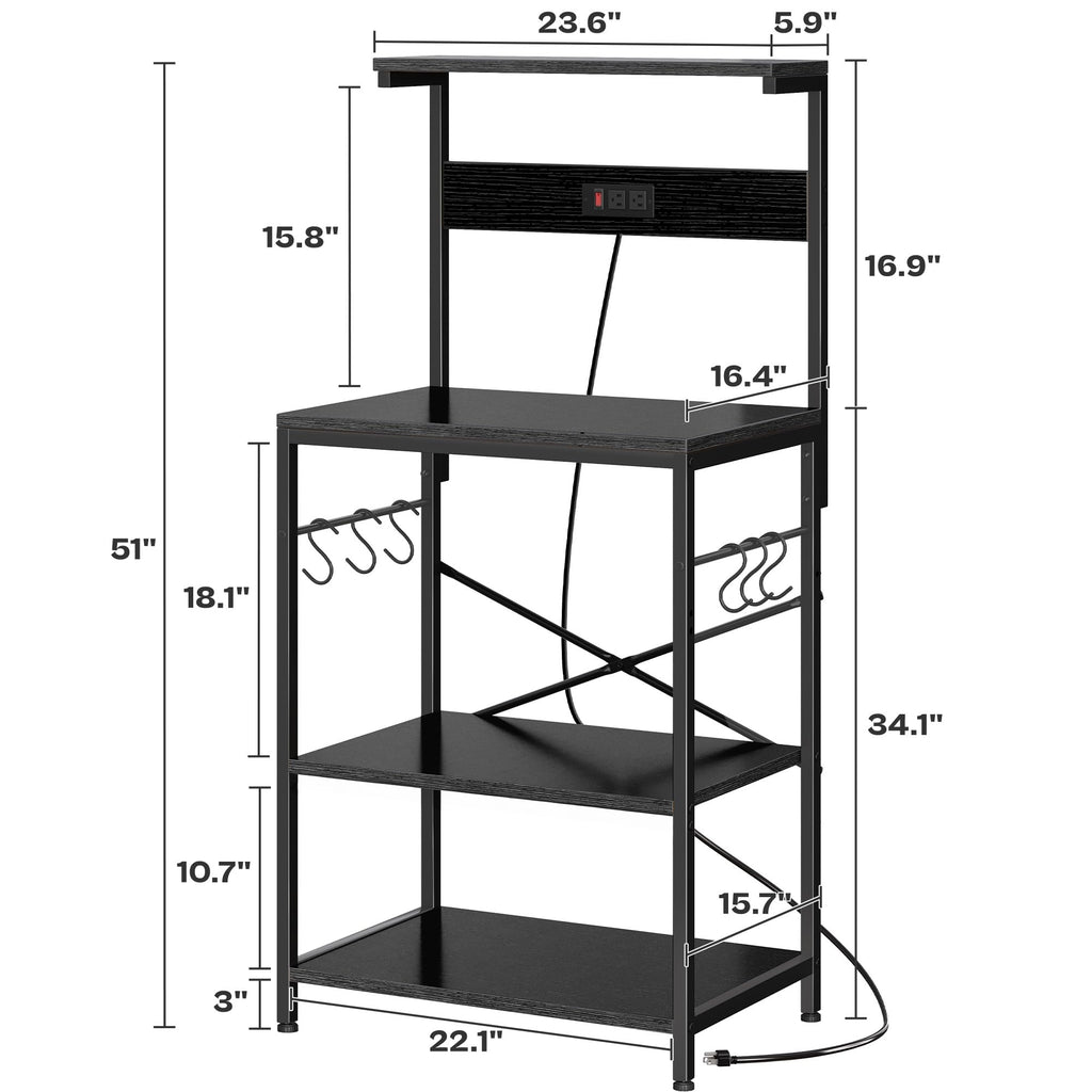 SUPERJARE Kitchen Bakers Rack with Power Outlet, Coffee Bar Table 4 Tiers, Kitchen Microwave Stand with 6 S-shaped Hooks, Storage Shelf Rack for Spices, Pots and Pans - Rustic Brown