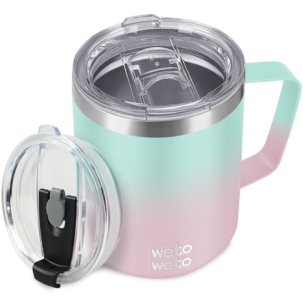 WETOWETO Coffee Mug with Handle, 14oz Insulated Stainless Steel Coffee Travel Mug, Double Wall Vacuum Reusable Coffee Cup with Lid, Powder Coated Rose Gold
