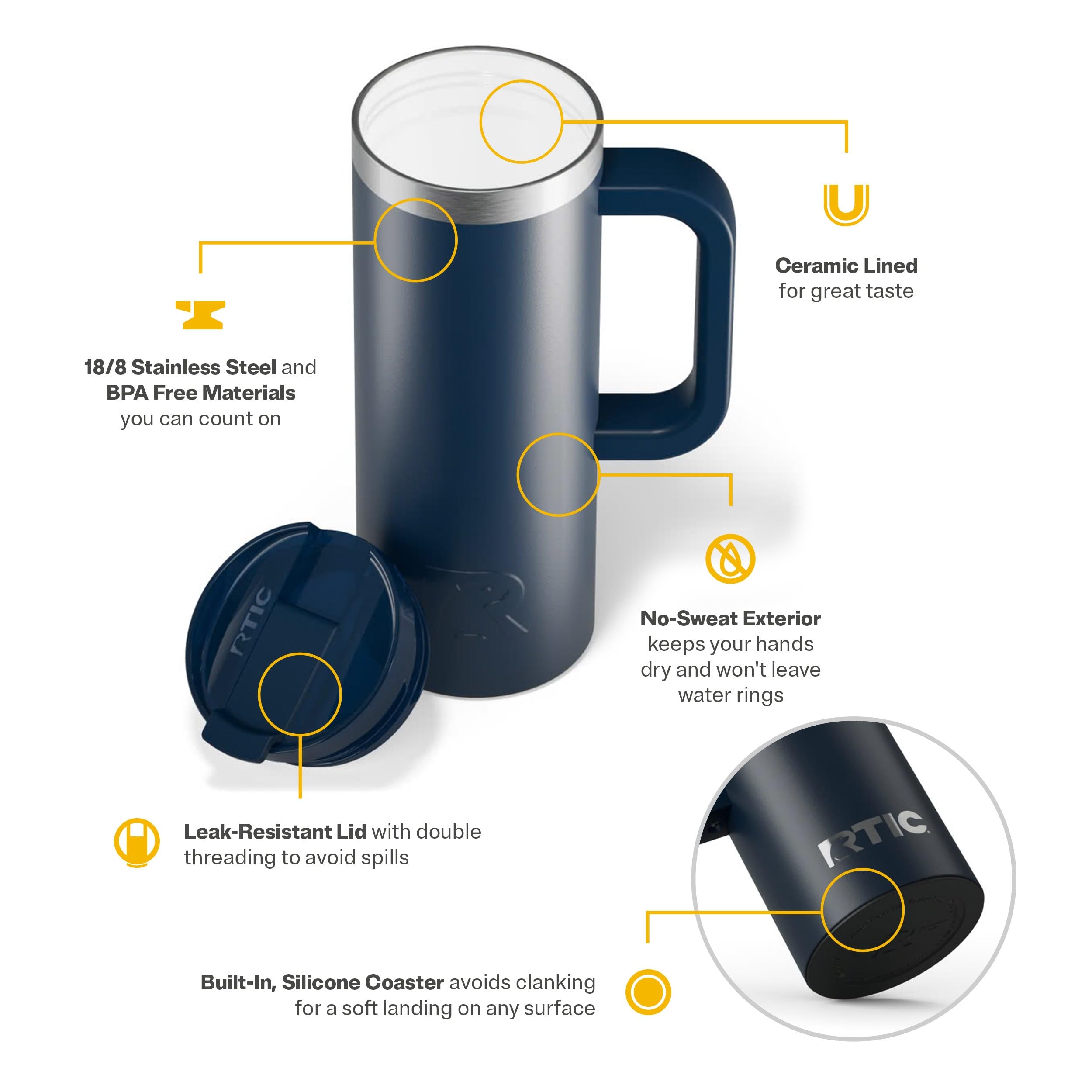 RTIC 20oz Road Trip Travel Mug with Lid and Handle, Ceramic Lined, Insulated, Stainless Steel, Metal, Double Wall Vacuum-Insulation, Portable Coffee, Tea Cup for Hot and Cold Drink, Black