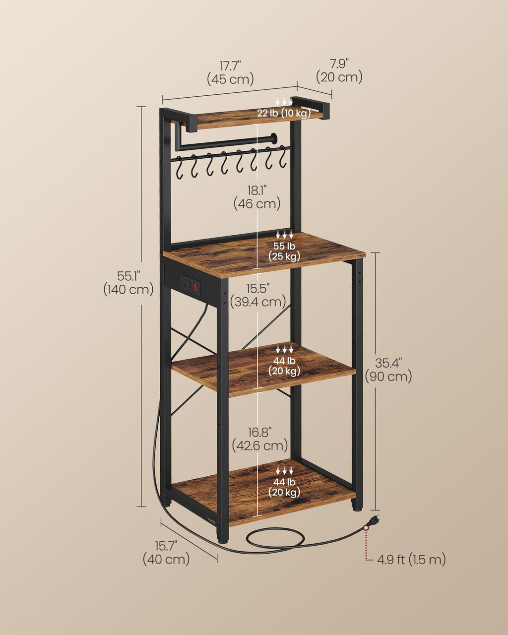 VASAGLE BARNET Collection - Kitchen Bakers Rack with Power Outlet, 31.5-Inch Wide Coffee Bar 4-Tier with 8 S Hooks, Modern Microwave Stand, Adjustable Shelf, Rustic Brown and Ink Black UKKS029KD01