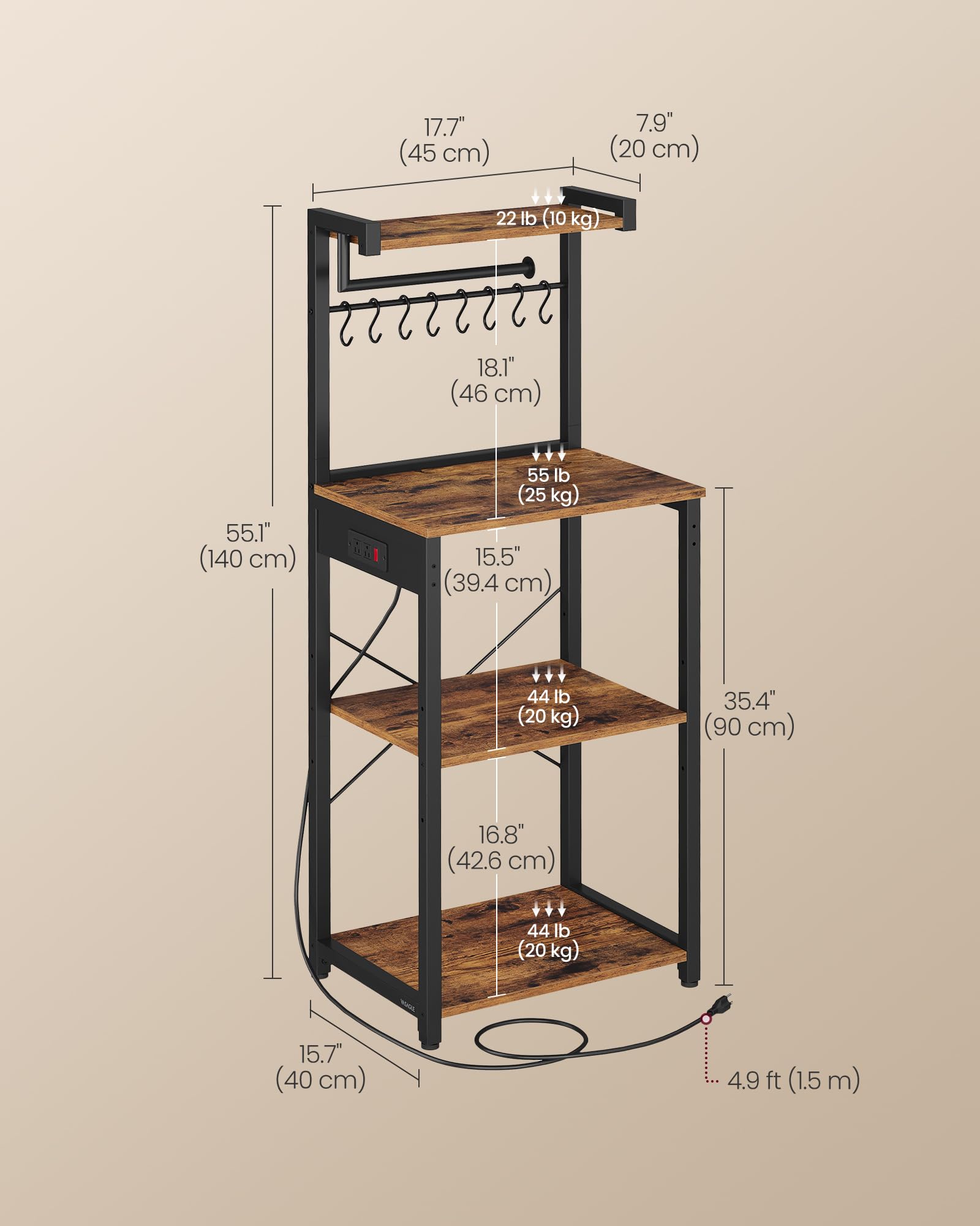 VASAGLE BARNET Collection - Kitchen Bakers Rack with Power Outlet, 31.5-Inch Wide Coffee Bar 4-Tier with 8 S Hooks, Modern Microwave Stand, Adjustable Shelf, Rustic Brown and Ink Black UKKS029KD01