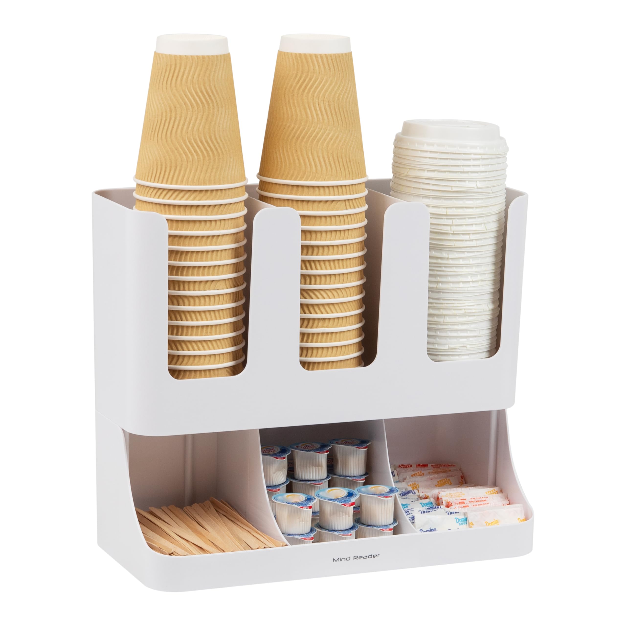 Mind Reader Condiment Station, 13 Inch Countertop Coffee Bar Organizer with 6 Compartments, Storage Caddy for Cups, Lids and Packets, Plastic, Black