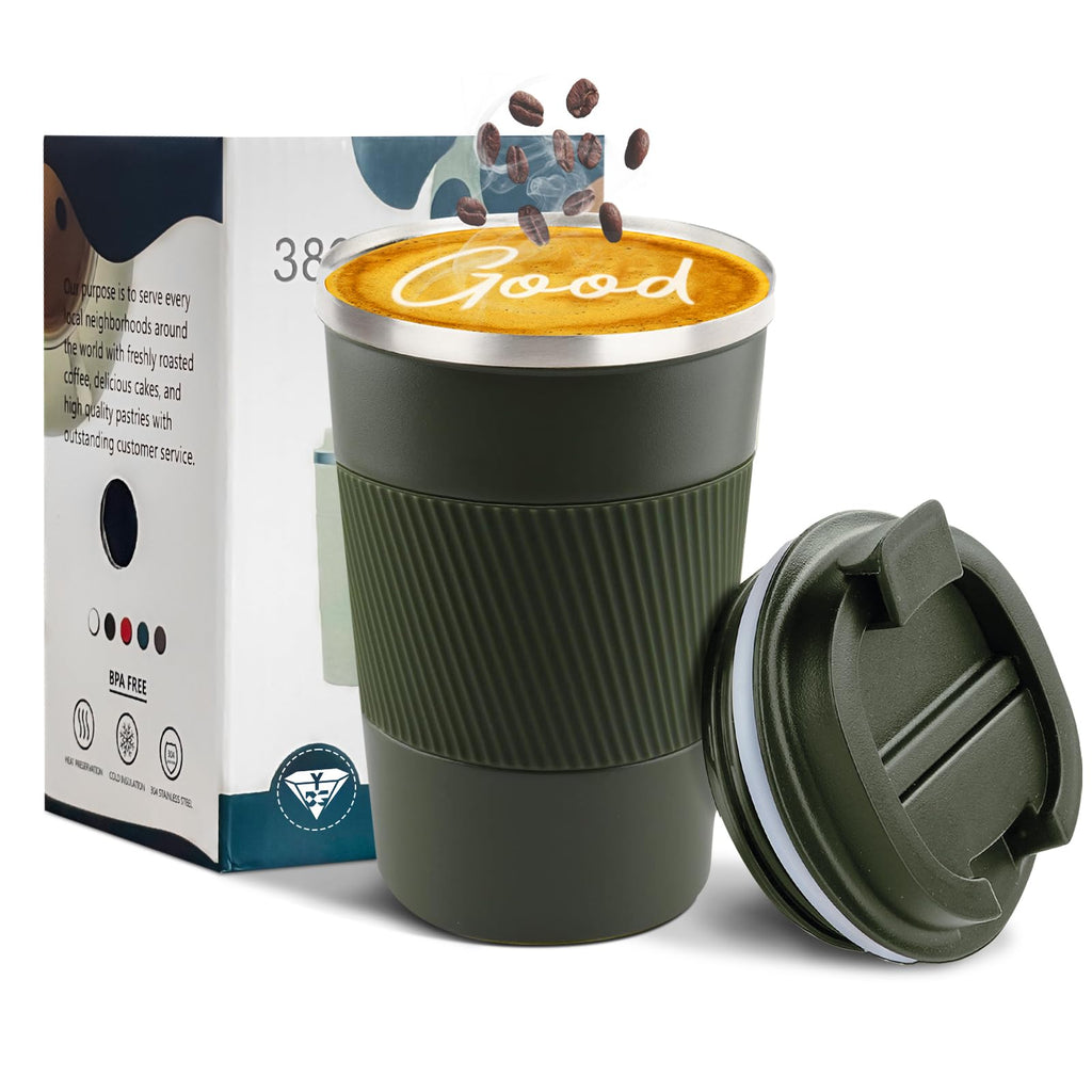 YINBAOGE Insulated Travel Coffee Mug, Spill & Leak Proof, Portable To Go Camping Stainless Steel Coffee Tumbler, Reusable Thermal Coffee Cup with Lid for Hot & Cold Drinks (Black, 12 OZ)