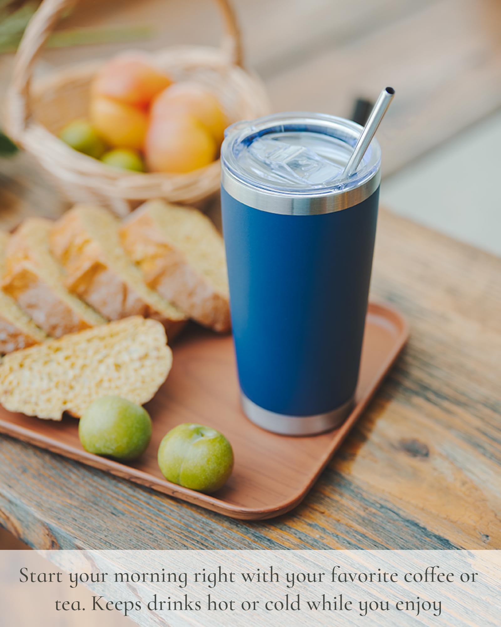 Travel Coffee Tumbler 20oz, Travel Coffee Mug with Dual Lids and Straw, Stainless Steel Double Wall Vacuum Insulated Tumbler for Hot/Iced Drinks (Textured Matte, Navy Blue)