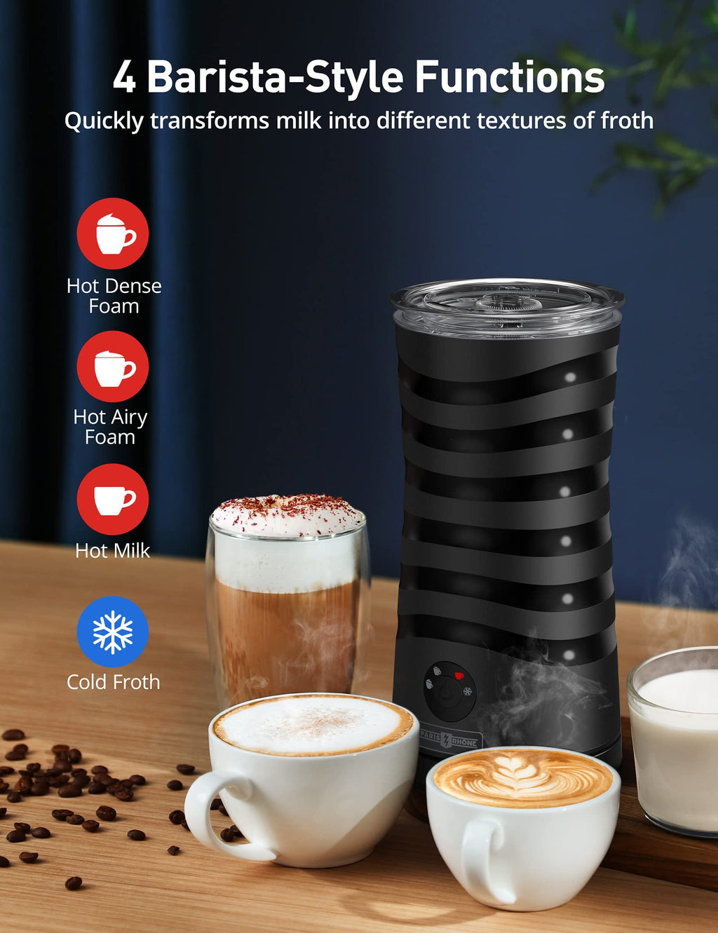 Electric Milk Frother, Paris Rhône 4-in-1 Milk Steamer and Frother, Hot & Cold Foam Milk Warmer with Temperature Control, Auto Shut-Off Frothers for Coffee, Latte,Macchiato, Cappuccino