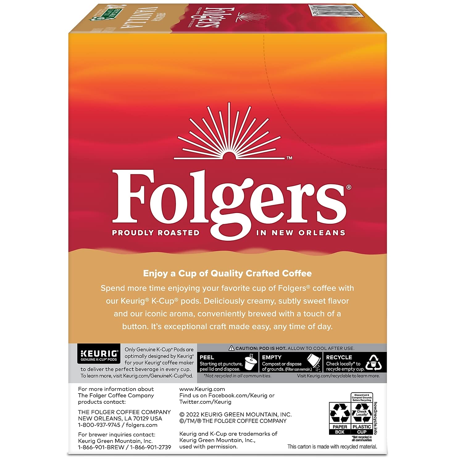 Folgers French Vanilla Artificially Flavored Coffee, Keurig K-Cup pods, 10 Count Box (Pack of 6)