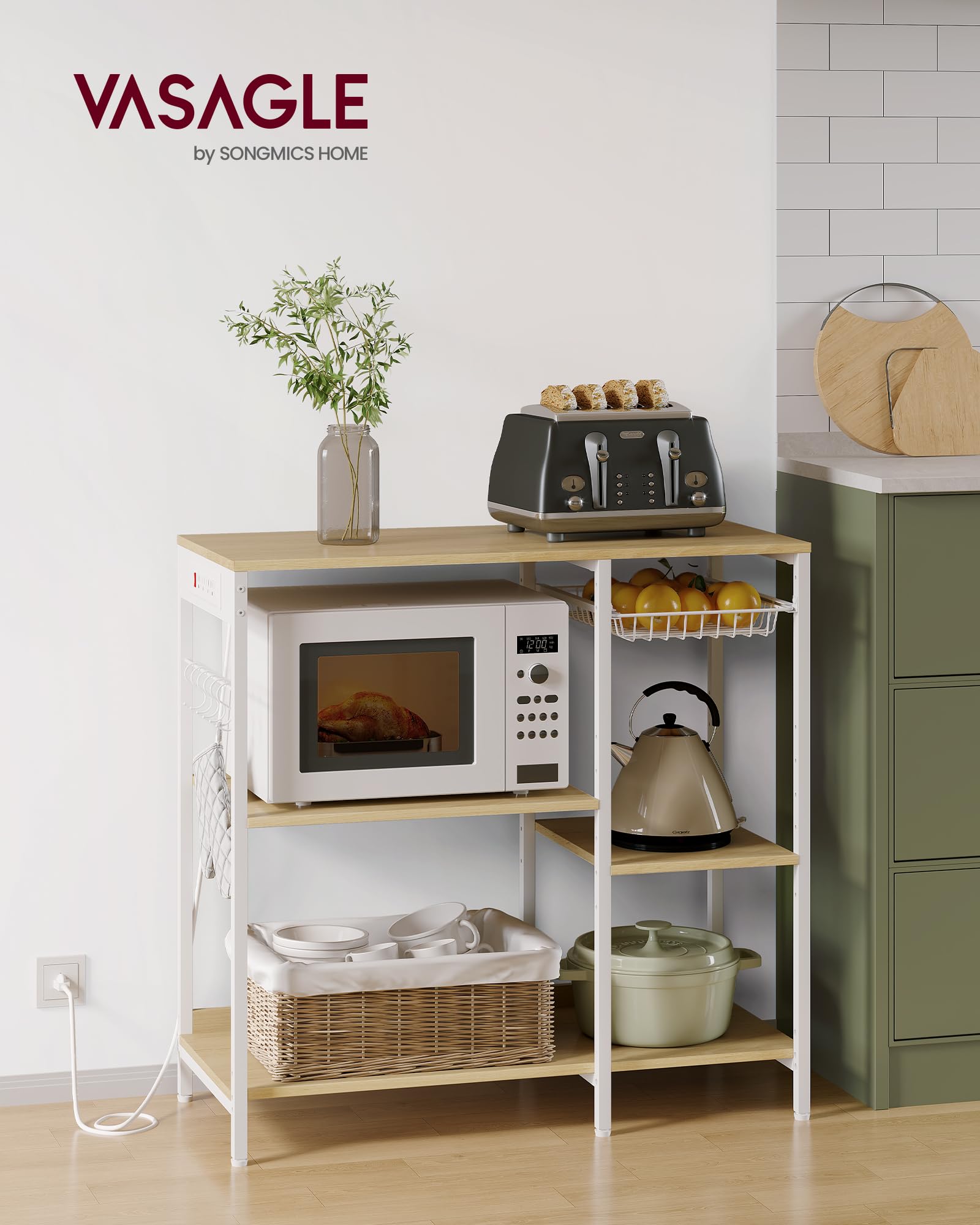 VASAGLE Baker's Rack, Coffee Bar Stand with Charging Station, 35.6 Inches Tall, Storage Shelves, Pull-Out Wire Basket, Table for Microwave, Kitchen, Rustic Brown and Ink Black UKKS036K01
