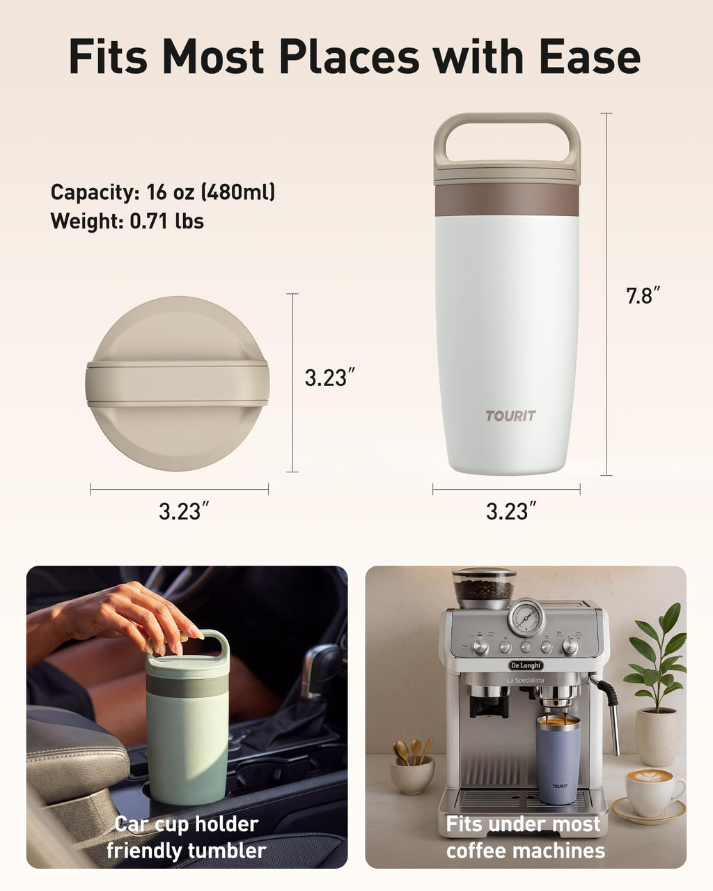 TOURIT Travel Coffee Mug 16 oz, Leakproof 2-Part Drink Lid Coffee Tumbler Cup, Insulated Stainless Steel Travel Mug, Dishwasher Safe Reusable Water Bottle, BPA-Free Coffee Mug,Off-White