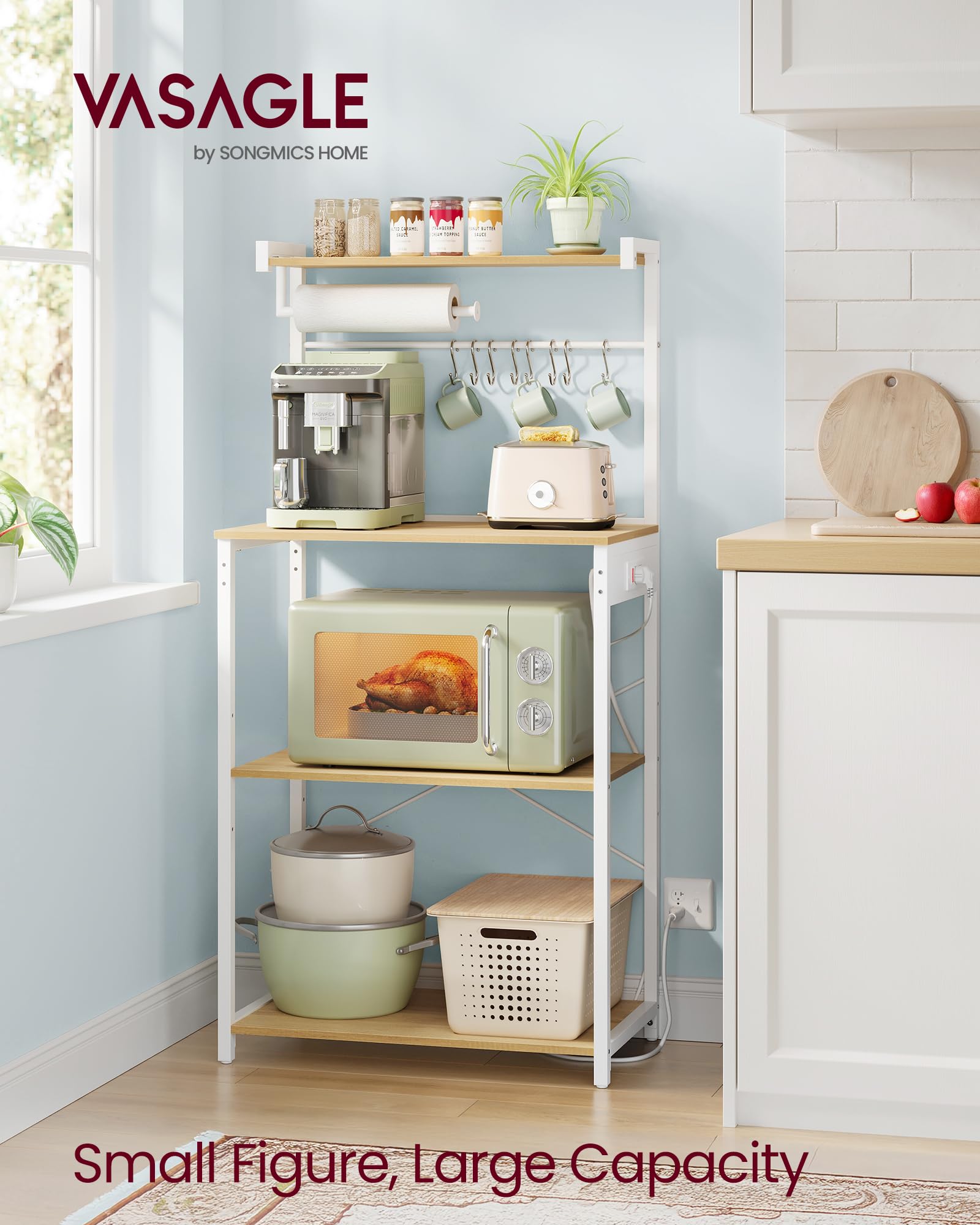 VASAGLE BARNET Collection - Kitchen Bakers Rack with Power Outlet, 31.5-Inch Wide Coffee Bar 4-Tier with 8 S Hooks, Modern Microwave Stand, Adjustable Shelf, Rustic Brown and Ink Black UKKS029KD01