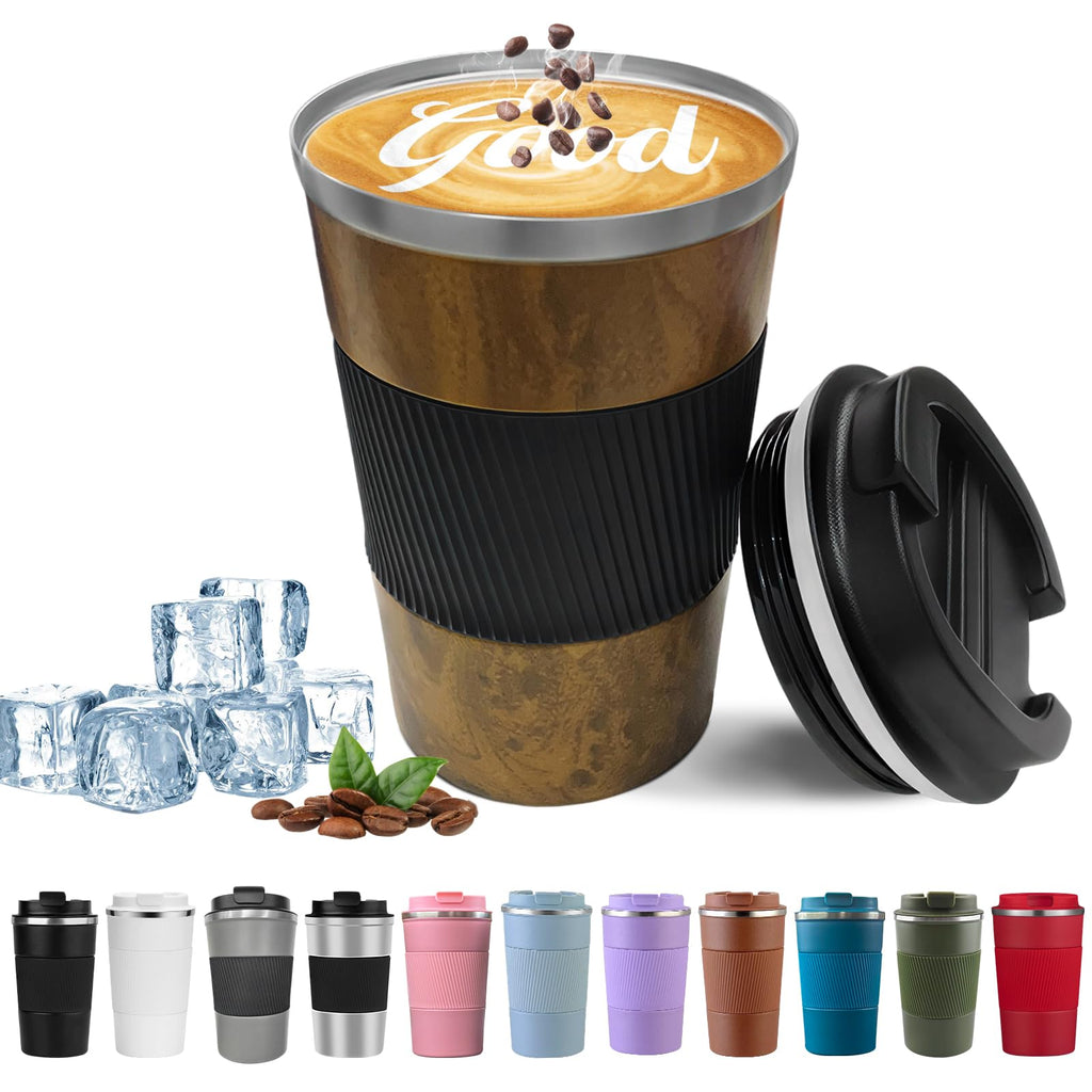 YINBAOGE Insulated Travel Coffee Mug, Spill & Leak Proof, Portable To Go Camping Stainless Steel Coffee Tumbler, Reusable Thermal Coffee Cup with Lid for Hot & Cold Drinks (Black, 12 OZ)