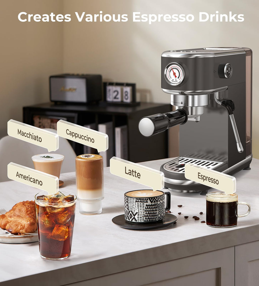 atatix Espresso Machine with Milk Frother, 20 Bar Pressure Espresso Maker, with 44OZ Removable Tank, Compact Stainless Steel Coffee Machine for Home, Office, Latte, Cappuccino, Macchiato, Silver