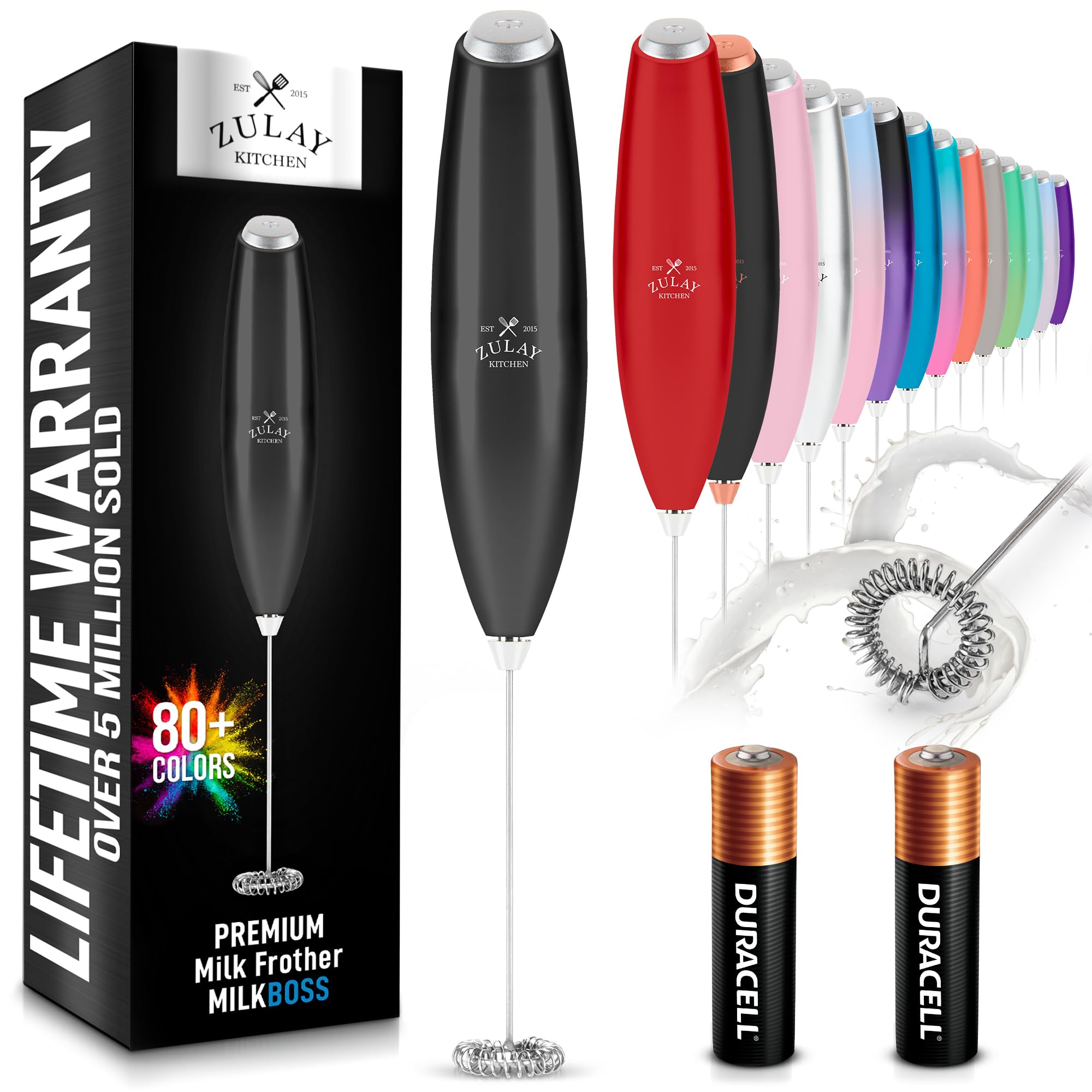 Zulay Kitchen Powerful Milk Frother AA Batteries Included – Ultra Fast Handheld Drink Mixer with Stainless Steel Whisk Stirrer for Coffee, Protein, Matcha & More, Frother Wand Electric Frothmate Black