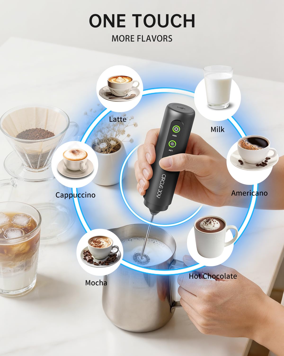 CIRCLE JOY Rechargeable Milk Frother Hanheld, Dual Coil Whisk Head Electric Coffee Frother, Portable Hand Frother Wand Drink Mixer for Matcha Lattes Cappuccino, Kitchen Gifts, Black