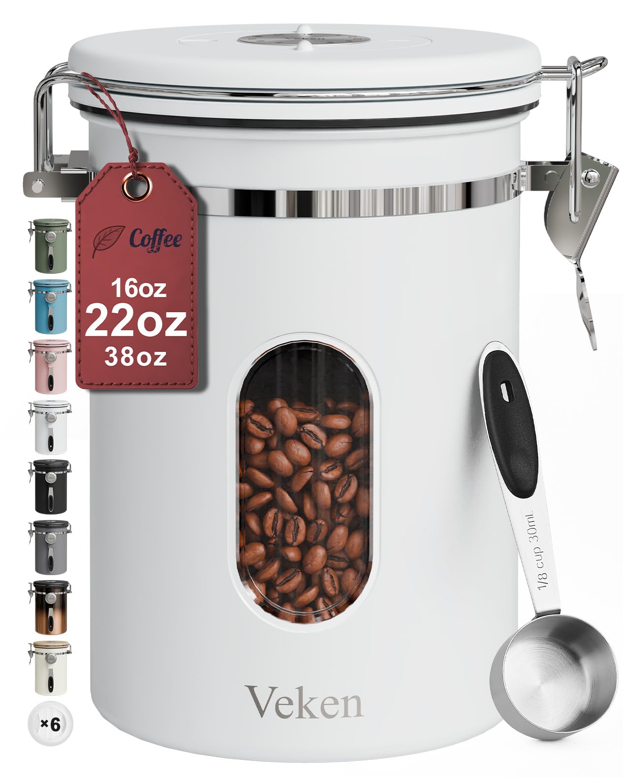 Veken Coffee Canister with Window,Airtight Stainless Steel Pantry Container,Home Kitchen Food Storage Organizers for Ground,Beans,Espresso,Rice,Tea,Sugar,Cereal, Decor,Bar Accessories,Gifts,22OZ,Black