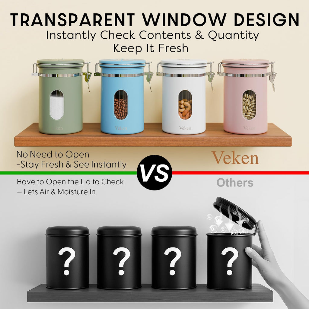 Veken Coffee Canister with Window,Airtight Stainless Steel Pantry Container,Home Kitchen Food Storage Organizers for Ground,Beans,Espresso,Rice,Tea,Sugar,Cereal, Decor,Bar Accessories,Gifts,22OZ,Black