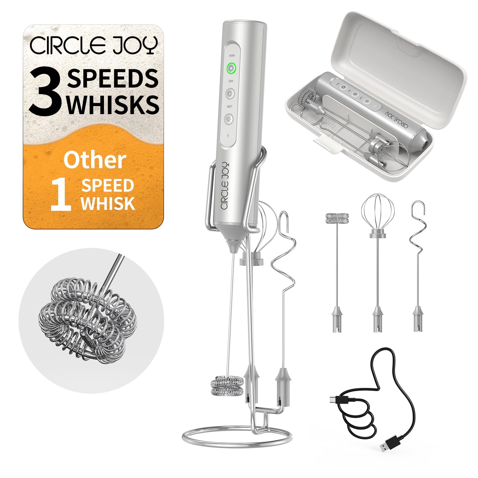 CIRCLE JOY Rechargeable Handheld Milk Frother Wand with 3 Variable Speeds, 3 Whisks and Storage Box, Electric Drink Mixer for Latte, Cappuccino, Hot Chocolate, Eggs and Protein Powder, Black