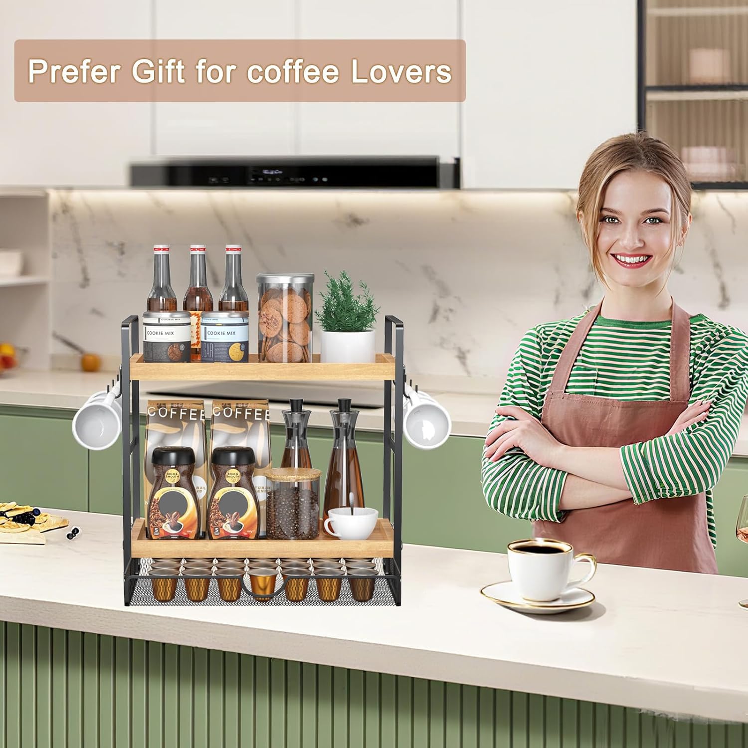 LEMIKKLE Coffee Station Organizer with Pod Holder and Drawer, Kitchen Countertop Organizer, Coffee Bar Accessories Station with Coffee Pod Storage, 2-Tier Wood Coffee Organizer With 6 Hooks