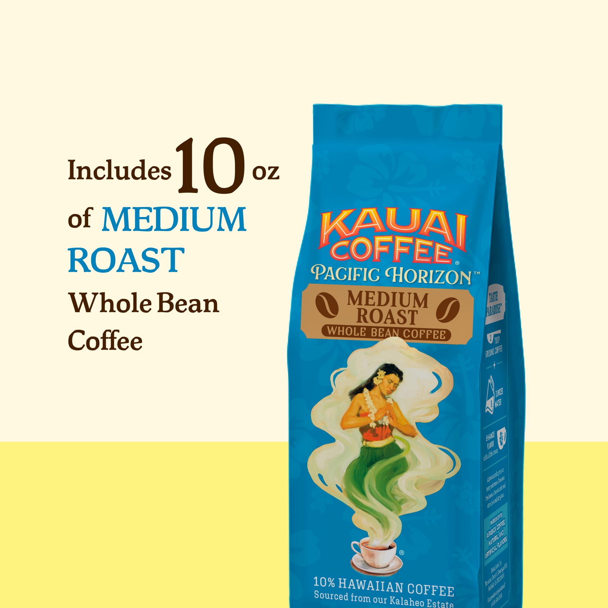 Kauai Coffee Whole Bean Coffee – Smooth, Non-Bitter Pure Arabica – Light Floral Notes & Bright Aroma – Grown on Hawaii's Largest Coffee Farm – Koloa Estate Medium Roast, 1 Pack of 10oz