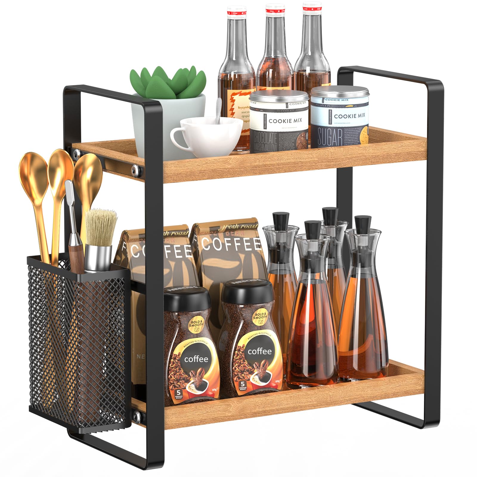 LEMIKKLE Coffee Station Organizer with Pod Holder and Drawer, Kitchen Countertop Organizer, Coffee Bar Accessories Station with Coffee Pod Storage, 2-Tier Wood Coffee Organizer With 6 Hooks