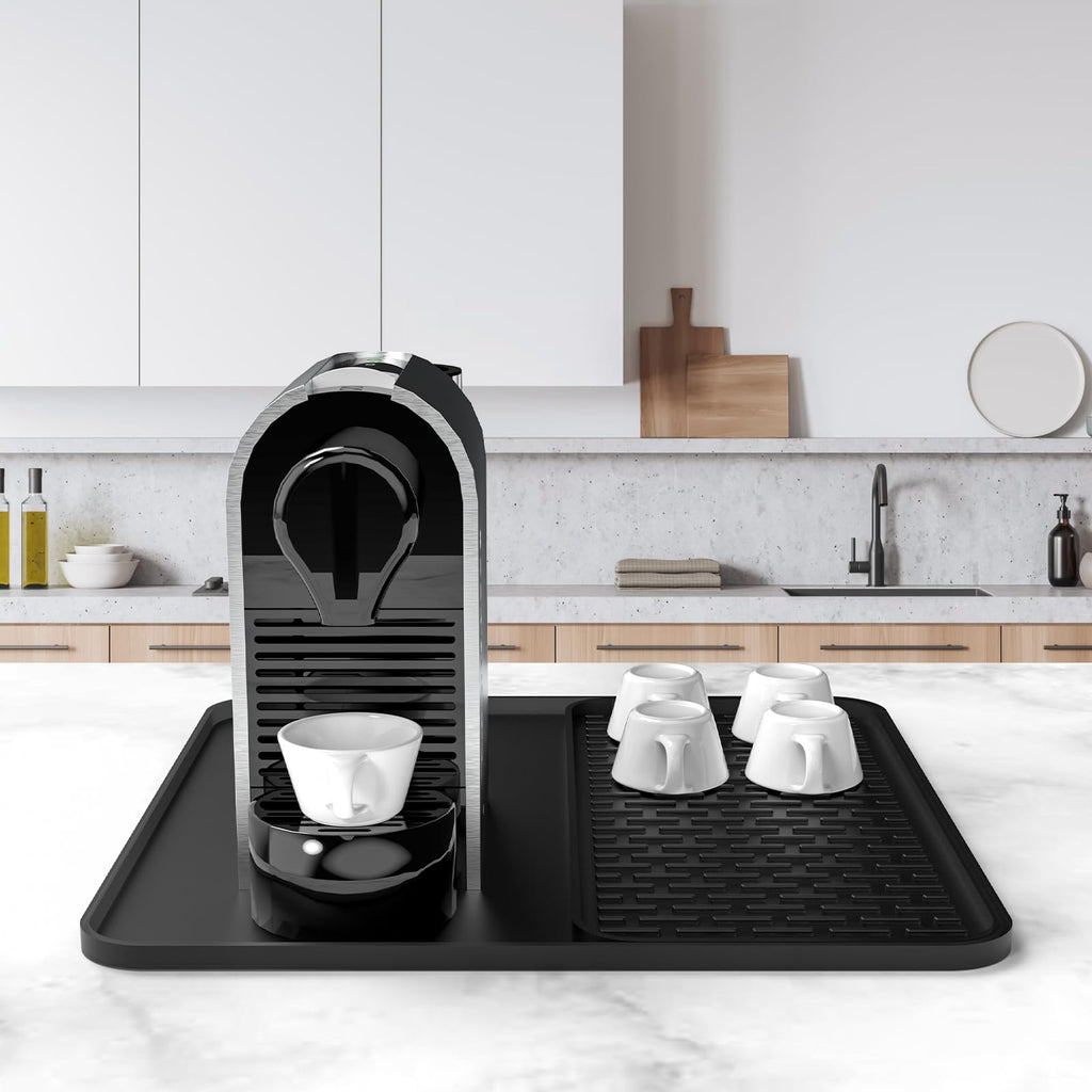 Silicone Coffee Mat, 24''x16'' Bar Mat with Detachable Dish Drying Mat - Fits Under Coffee Maker & Dish Rack